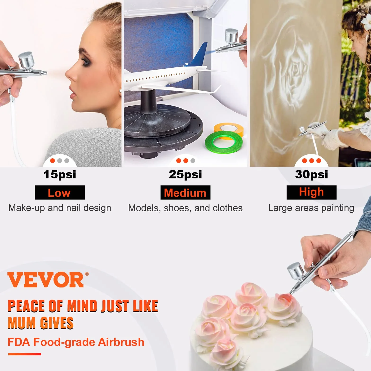 VEVOR Dual Action Airbrush zestaw z pistoletem do lakierowania, 30 psi ± 15%, kompresor powietrza 220 V, zestaw do makijażu, manicure, tatuażu, projektowania malowania, rzemiosła artystycznego