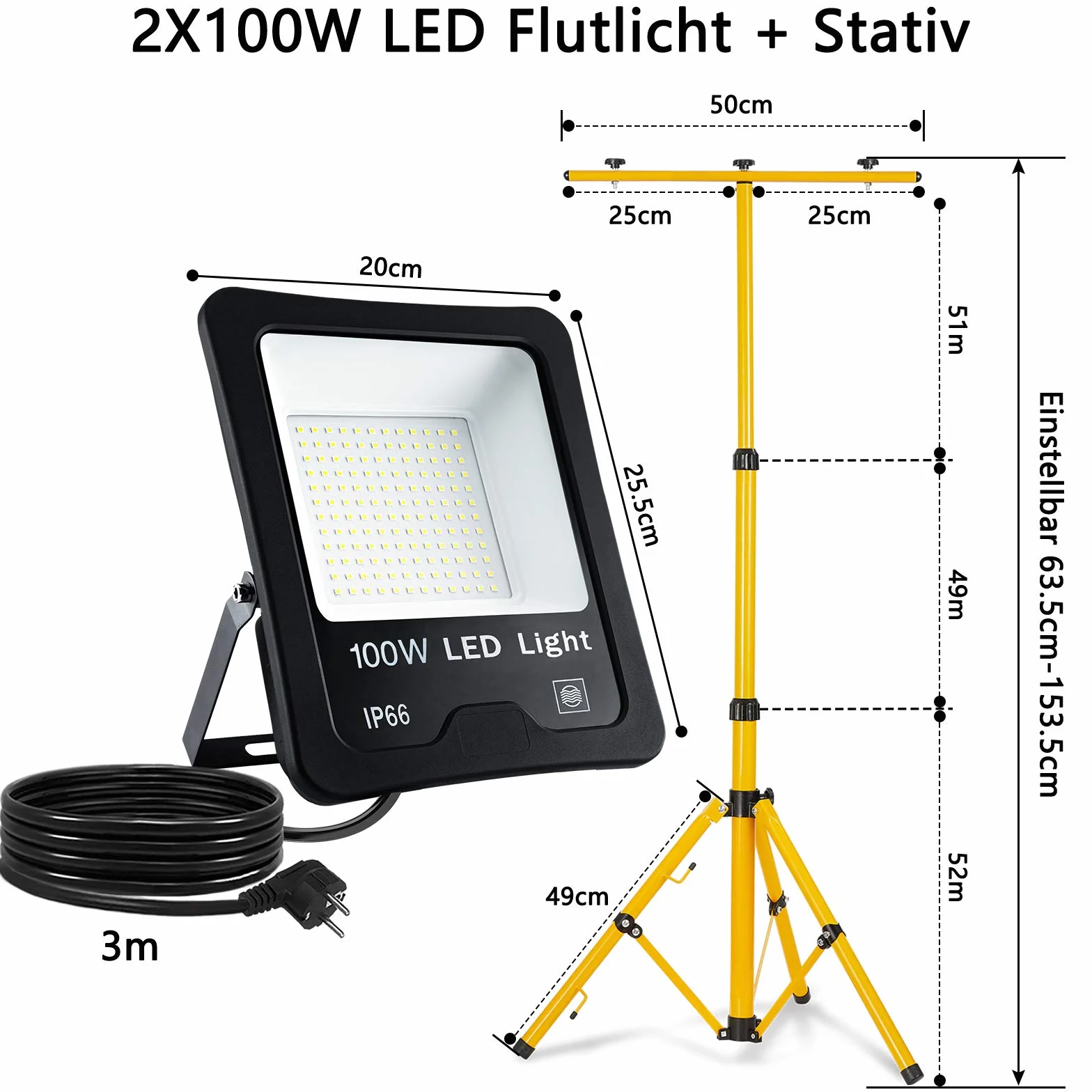 UISEBRT Reflektor LED 2 x 100 W, ciepła biel ze statywem, wodoodporna lampa robocza LED, IP66, do użytku wewnątrz i na zewnątrz, do garażu, ogrodu, na budowę (2 x 100 W zimna biel + statyw)