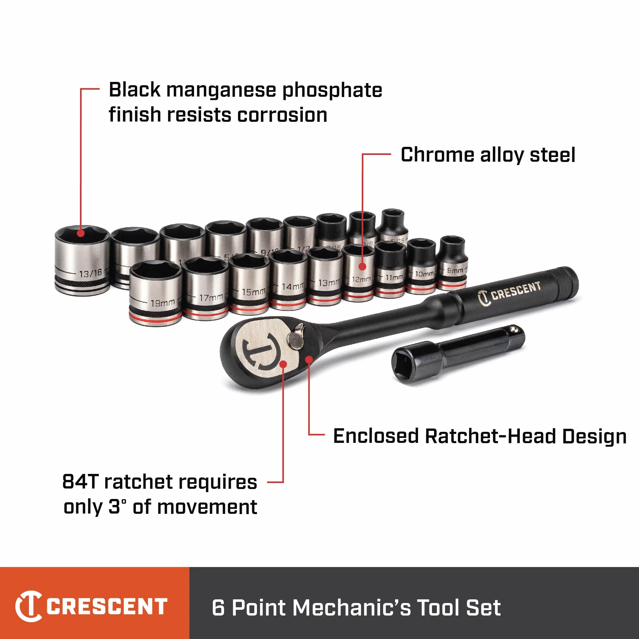 Crescent CSWS38B X10 zestaw kluczy nasadowych 3/8" 20 sztuk niskoprofilowy