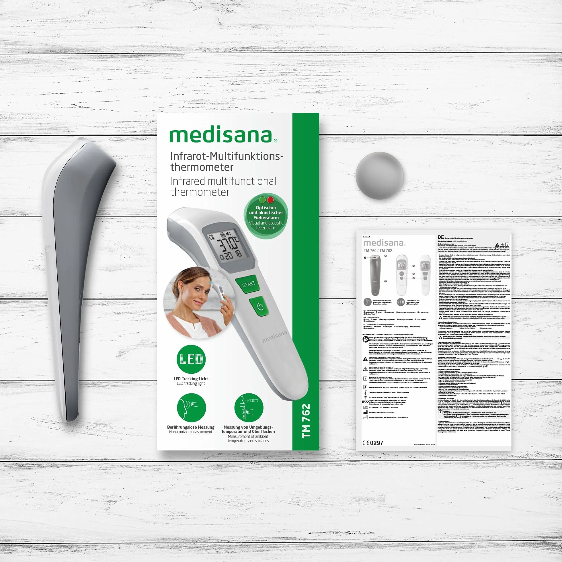 Medisana TM 762 cyfrowy termometr czołowy, termometr kliniczny dla niemowląt, dzieci i dorosłych z wizualnym alarmem gorączki, funkcją pamięci i pomiarem płynów