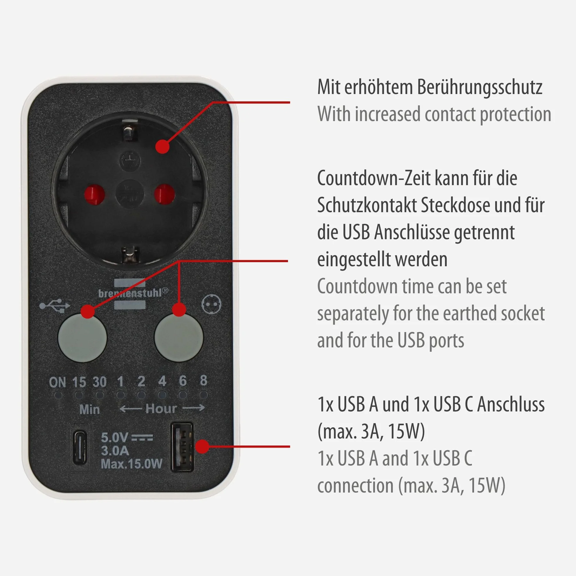 Brennenstuhl Cyfrowy timer z USB A i USB C