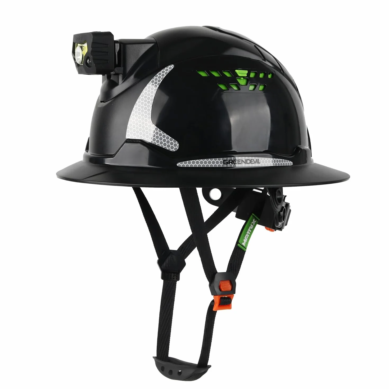 GREEN DEVIL Matrix Full Brim kask ochronny EN 397 – kask ochronny z wentylacją, latarka czołowa LED (IPX5), system 6-punktowy i regulowana wyściółka wewnętrzna – idealny do budownictwa, przemysłu,