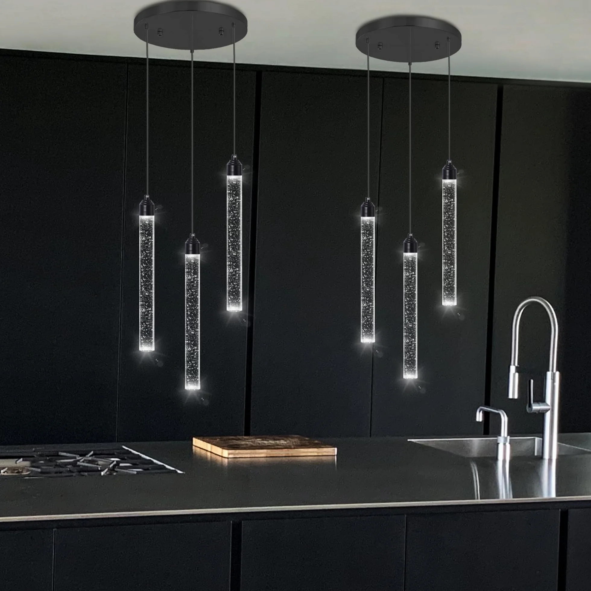 Mini czarny żyrandol z 3 światłami na wyspę kuchenną nowoczesny kryształowy wisiorek LED lampa wisząca regulowana ściemniana lampa wisząca do jadalni, sypialni, lampy sufitowe podwieszane