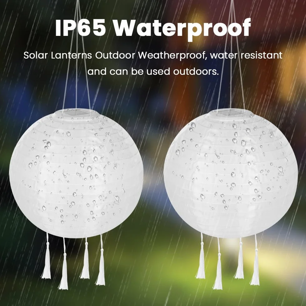 HOTUT Solarne Latarnie Zewnętrzne Odporne na Warunki Atmosferyczne, 2 sztuki 30 cm Solarna Latarnia LED z 4 chwostami, IP65 Wodoodporna Wisząca Latarnia Nylonowa do Ogrodów (Ciepła Biel)
