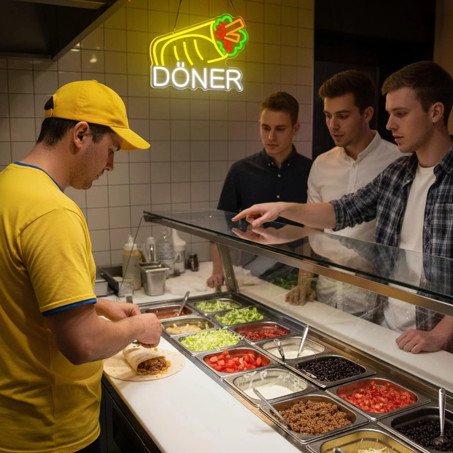Döner Neonowy szyld, kebab szyld reklamowy, tabliczka świecąca LED, zasilanie USB z przełącznikiem ściemniania, do sklepów, kebabów, kebabów, sklepów z kebabem (kebab)