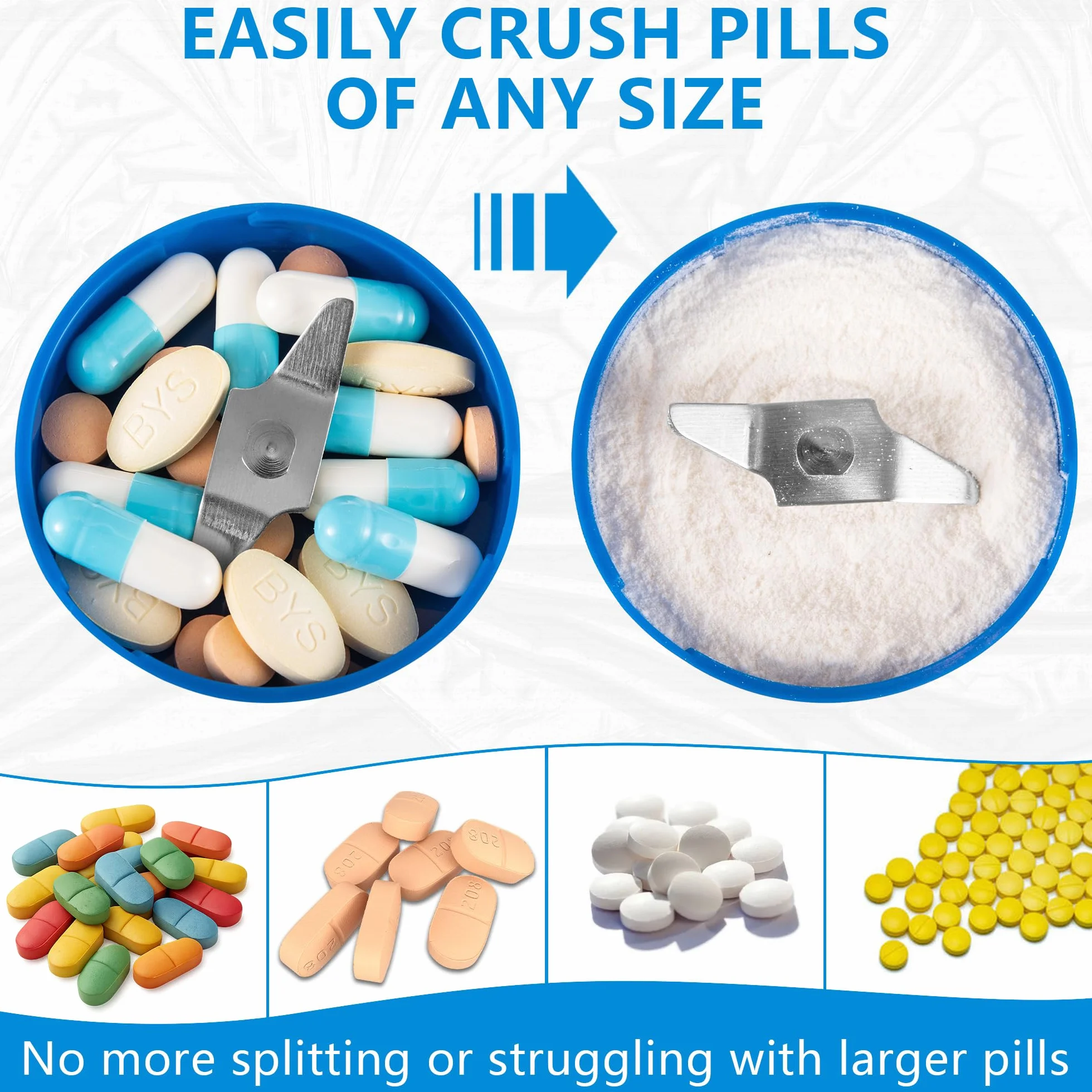 Pill Mill mała elektryczna kruszarka do tabletek, drobny proszek - młynek do tabletek drobny proszek - młynek do proszków dla osób starszych, młynek do leków do małych i dużych tabletek, Triturador de