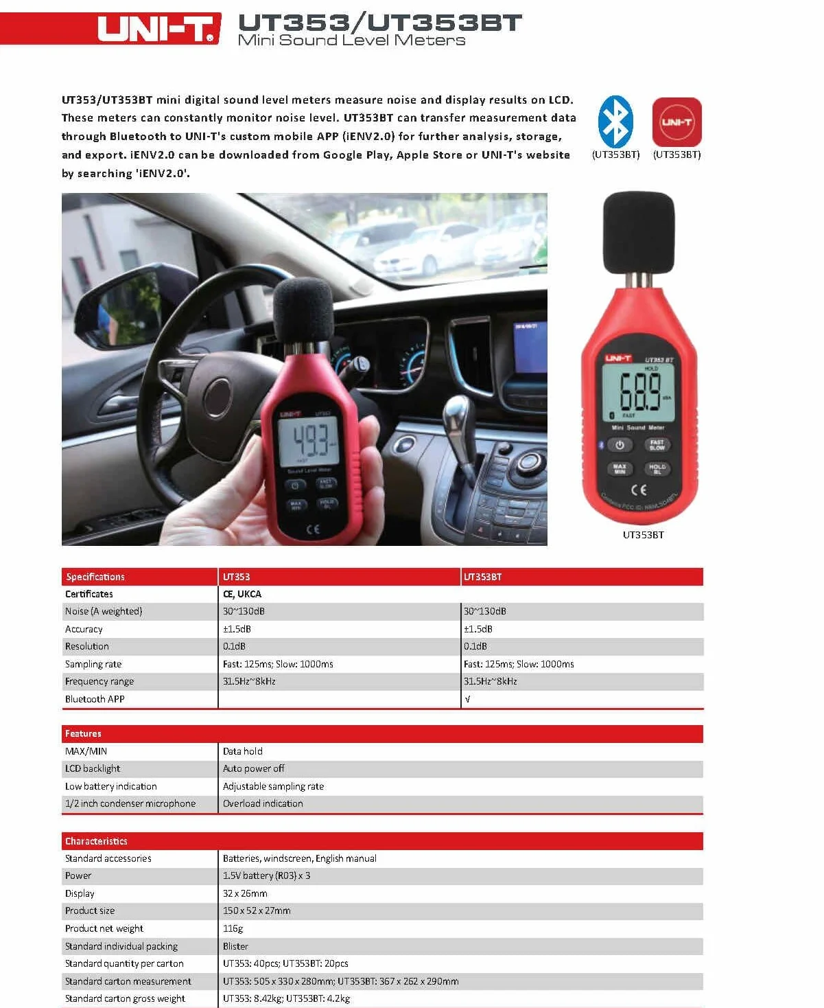 UNI-T Hygrometer UT353 UT353BT Sound Level Bluetooth Meter Digital Noise Measuring Tester 30-130dB Professional Decibel Monitor dB Detector(UT353)