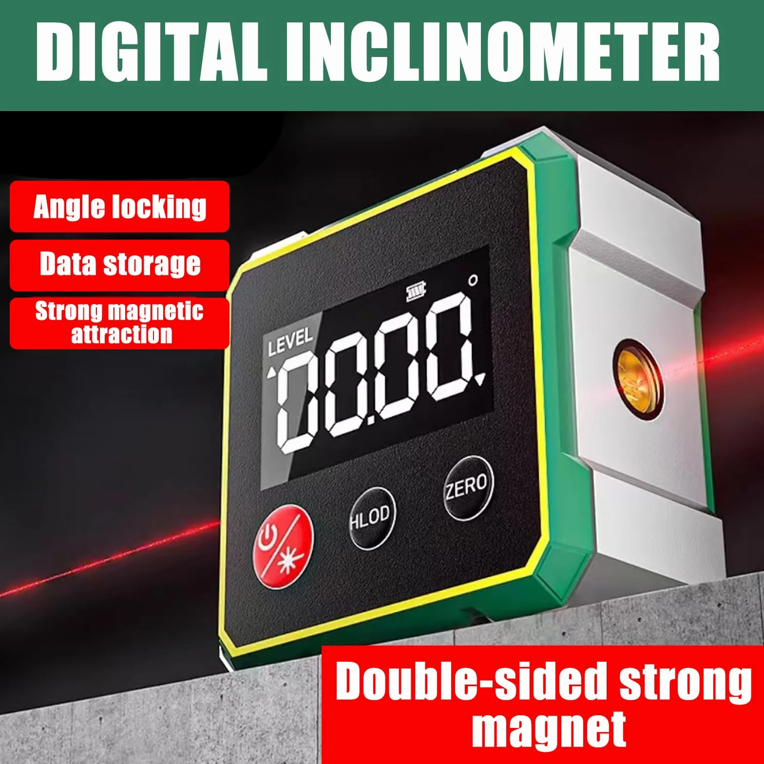 Cyfrowy kątomierz z wyświetlaczem LCD, poziomica magnetyczna IP54, dokładność 0,1°, ładowany USB