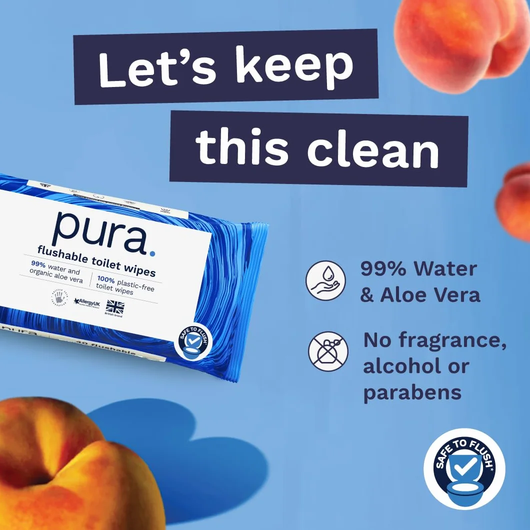 Pura Wysokiej jakości wilgotne chusteczki toaletowe do spłukiwania, 40 sztuk, czyste myjki, certyfikat "Fine To Flush", w 100% bez plastiku, biodegradowalne, nadające się do kompostowania
