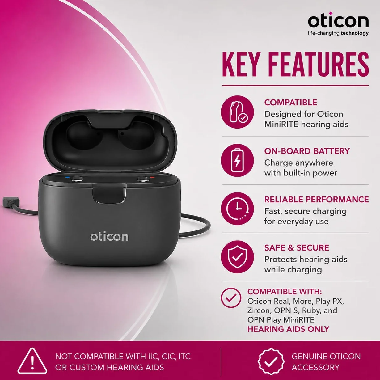 Inteligentna ładowarka Oticon 1.0 – kompatybilna tylko z aparatami słuchowymi Oticon Real, More, Play PX, Cyrkon, OPN S, Ruby i OPN Play MiniRITE