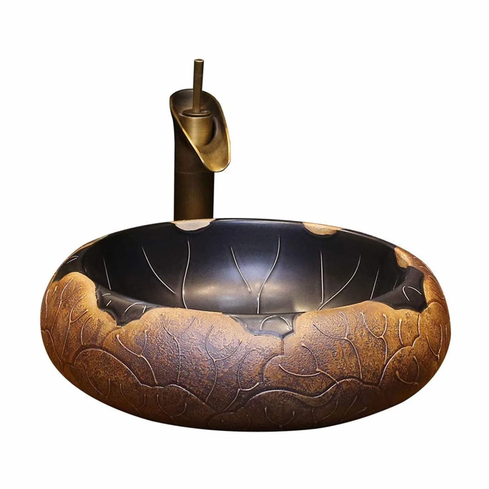Umywalka ceramiczna Kamień naturalny Owalna wpuszczana Liść lotosu Sztuka klasyczna Umywalka nablatowa Chińska Retro Umywalka ceramiczna okrągła