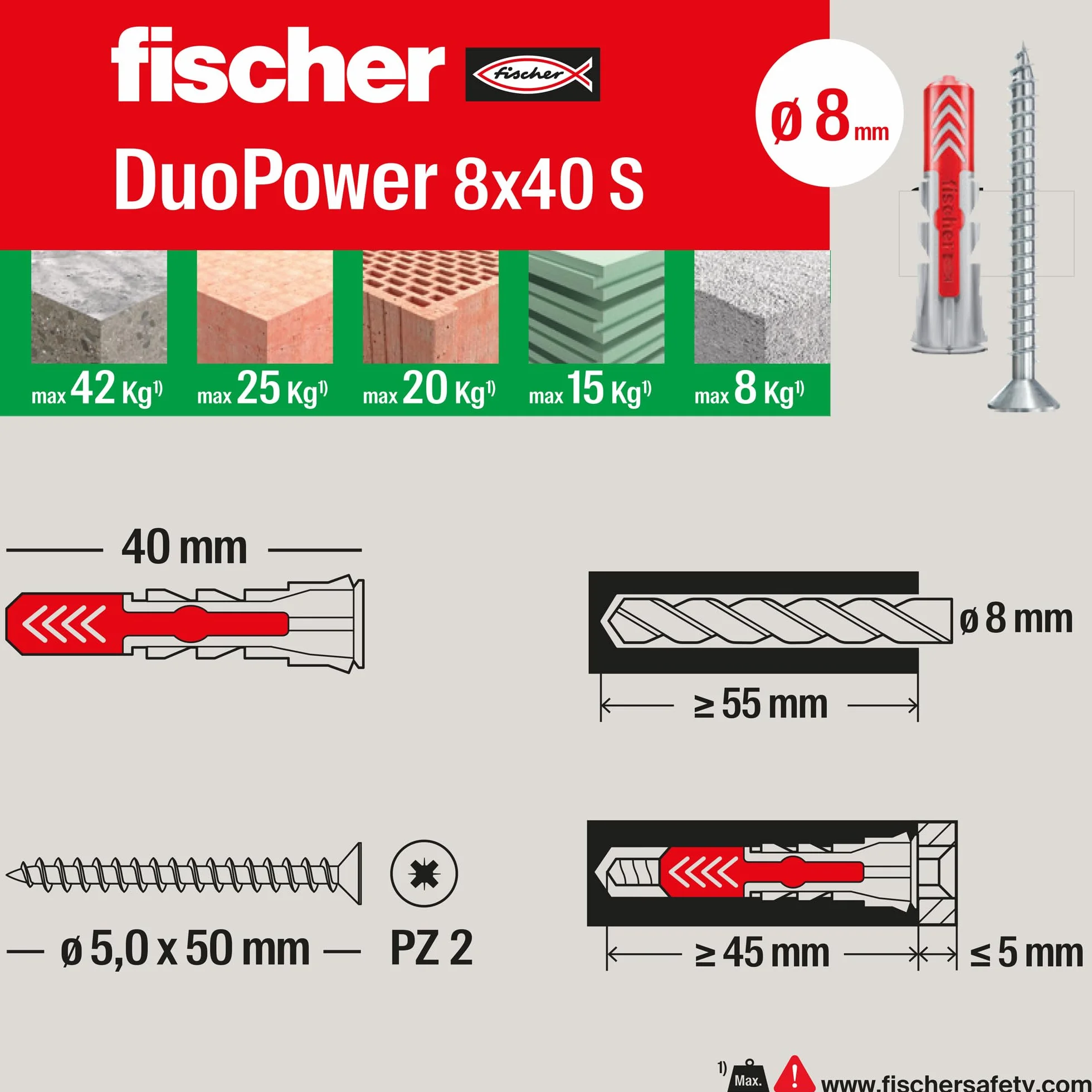 Fischer Kołek rozporowy Duopower ze śrubą szary 544017
