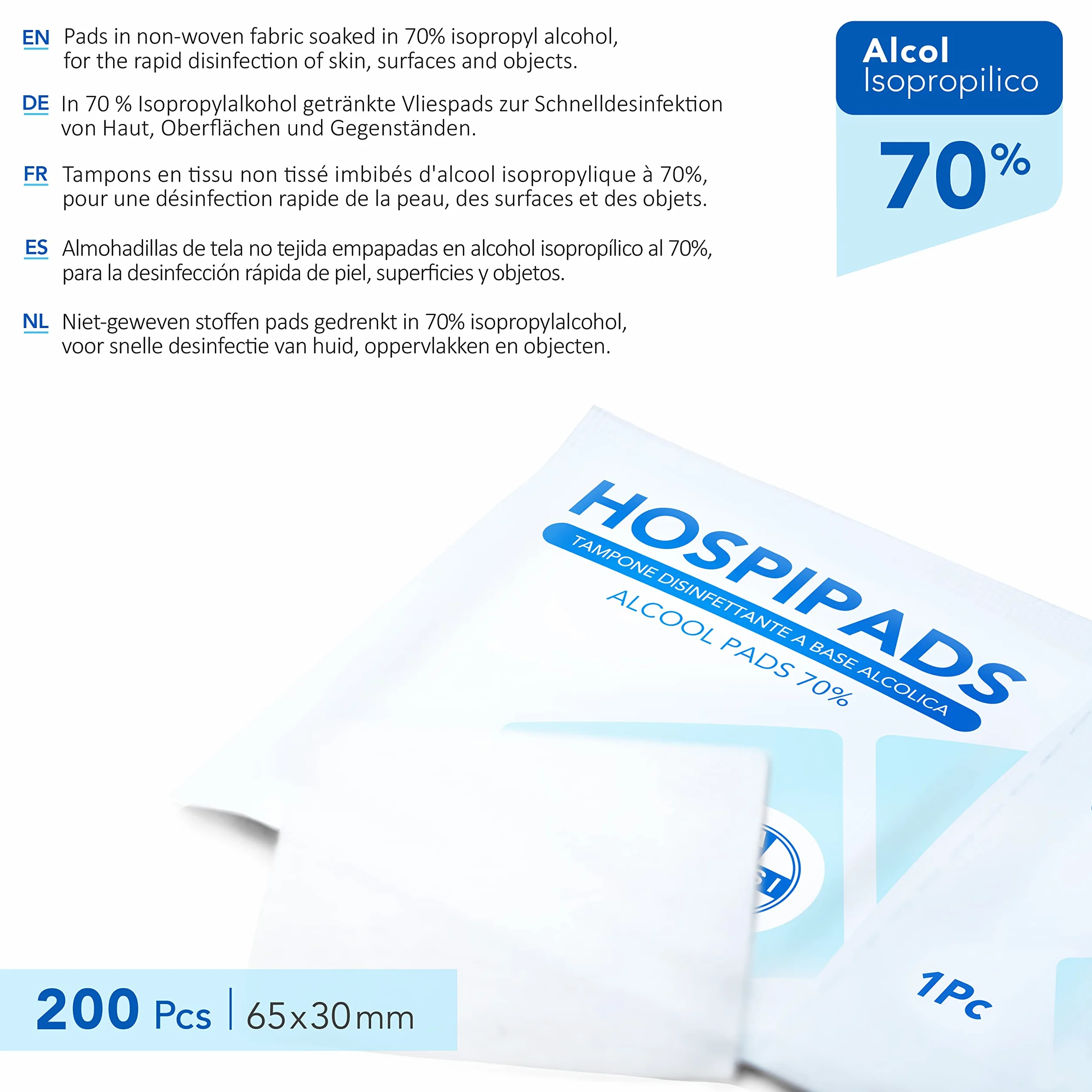 AIESI® Waciki chusteczki dezynfekcyjne (2x100 sztuk) na bazie 70% alkoholu izopropylowego, wymiary 65x30 mm, pakowane pojedynczo HOSPIPADS