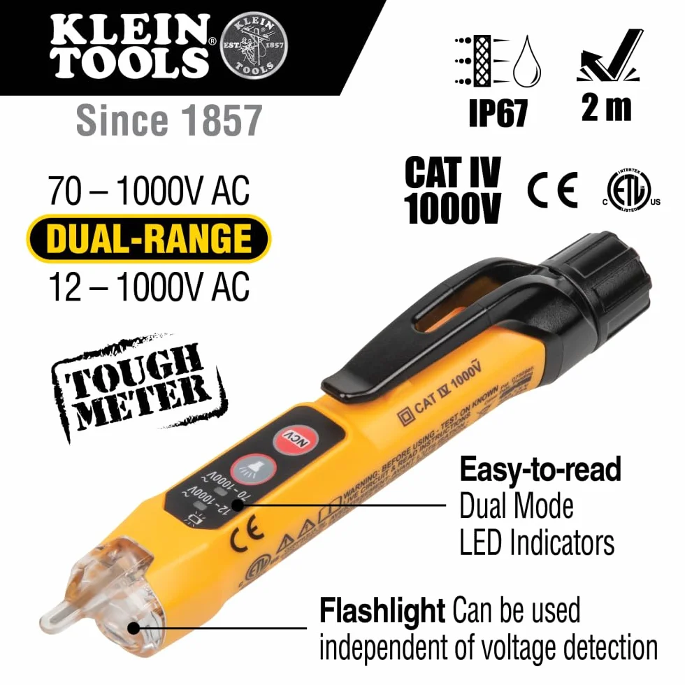 KLEIN TOOLS Bezdotykowy tester napięcia z dwoma zakresami pomiarowymi i latarką, 12-1000 V AC