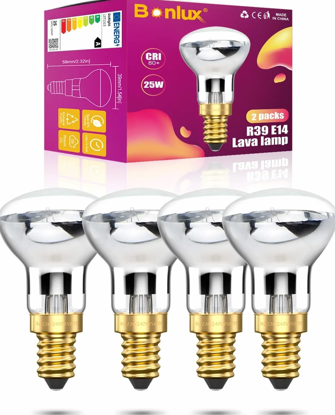 Bonlux 25 W R39 Żarówka E14 Lava Reflektorowa Lampa Przyciemniana Ciepła Biel 2400-2600 K, Śruba, 240 V, Mała Edisona, Kąt Świecenia 360°, 4 Sztuki