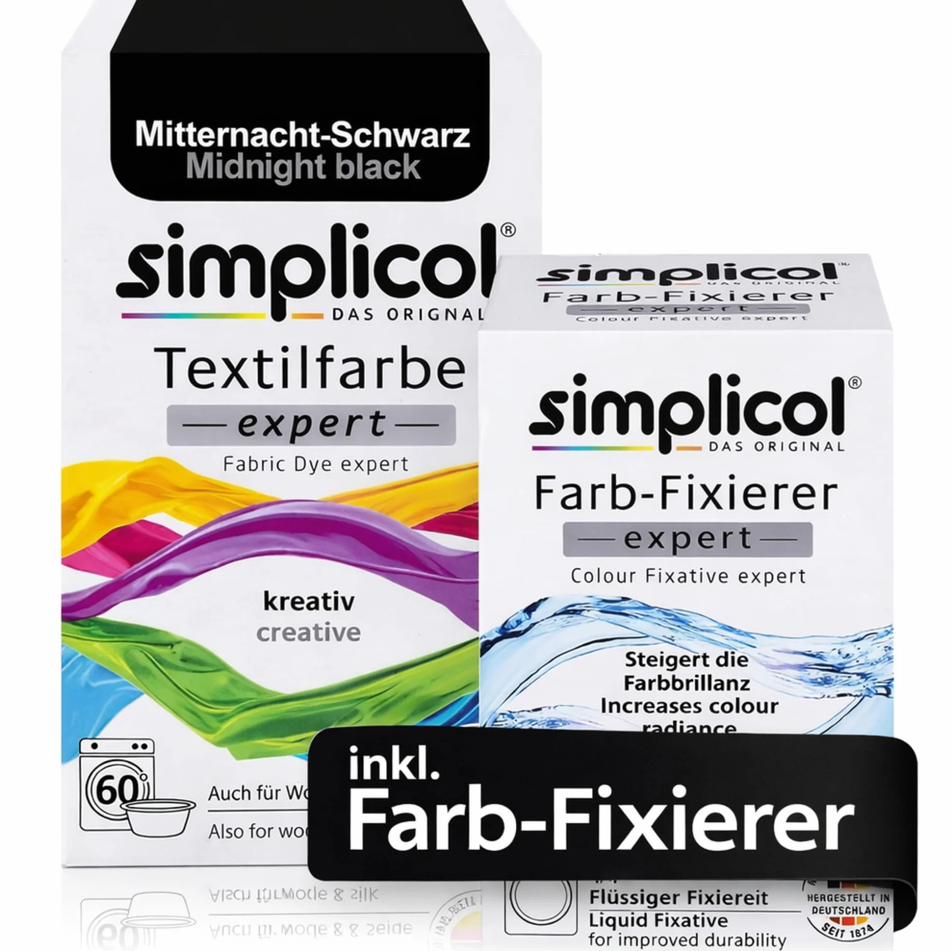 simplicol Textilfarbe expert + Farbfixierer Kombipack, Mitternacht-Schwarz 1718: Farbe für Waschmaschine oder manuelles Färben