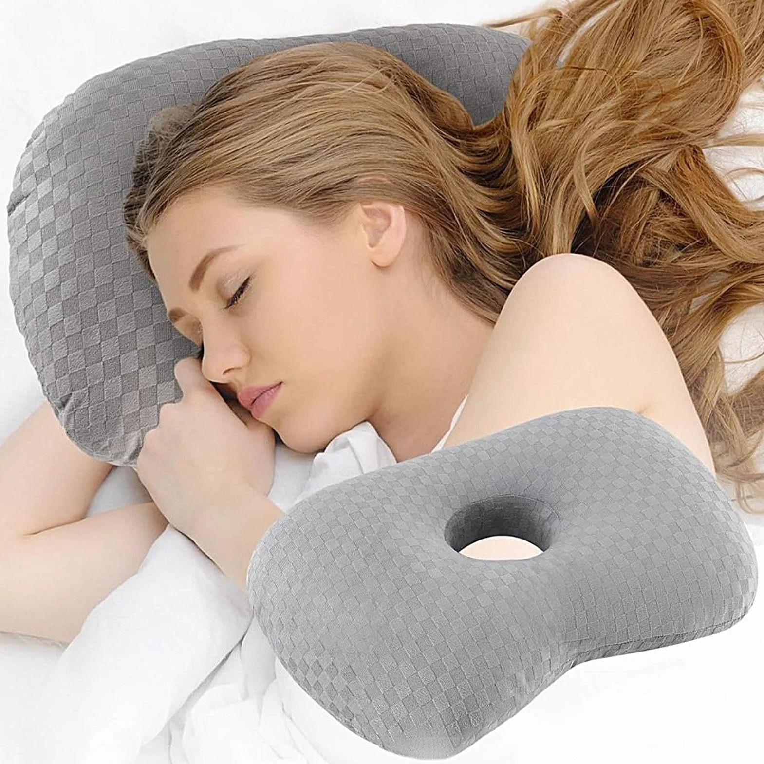 Piercing Pillow, Donut Pillow, 17.32x12.6x0.79inches, Ergonomic Cushion with Ear Holes, Soft and Supportive Design, Ideal for Travel, Office, Dorm, Car, Apartment, Road Trips, Gray Color