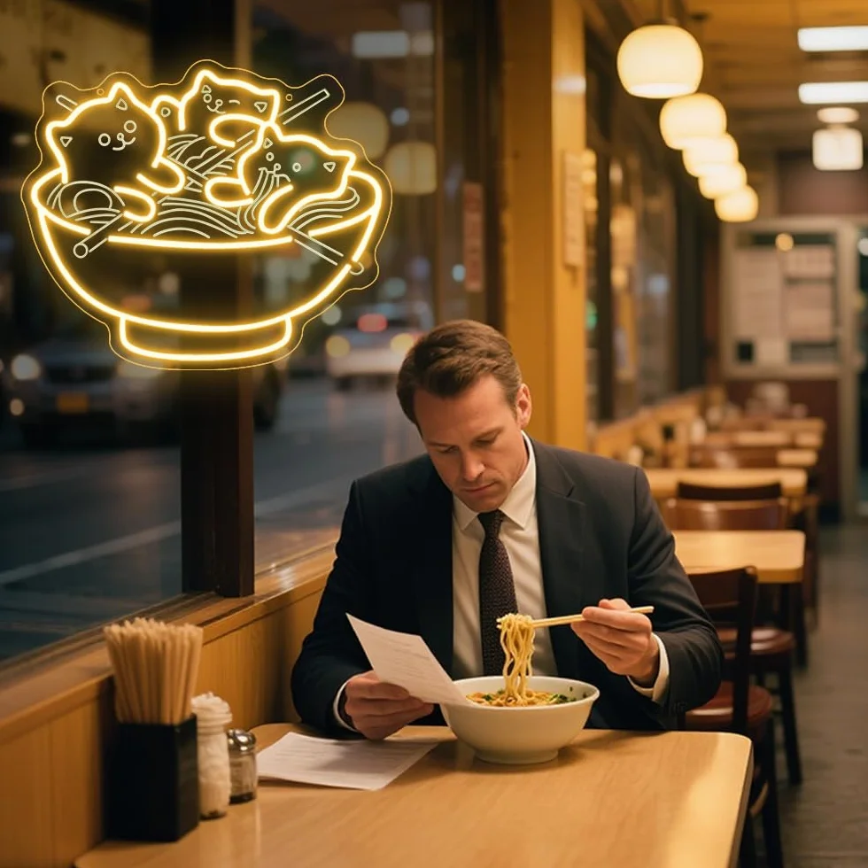 Światła LED z motywem kota, ramen, kawaii, anime, podświetlany znak do restauracji, domu, baru, kuchni, sypialni, japońskiego sklepu, makaronu, ściemniany, neonowy, prezent dla miłośników kotów