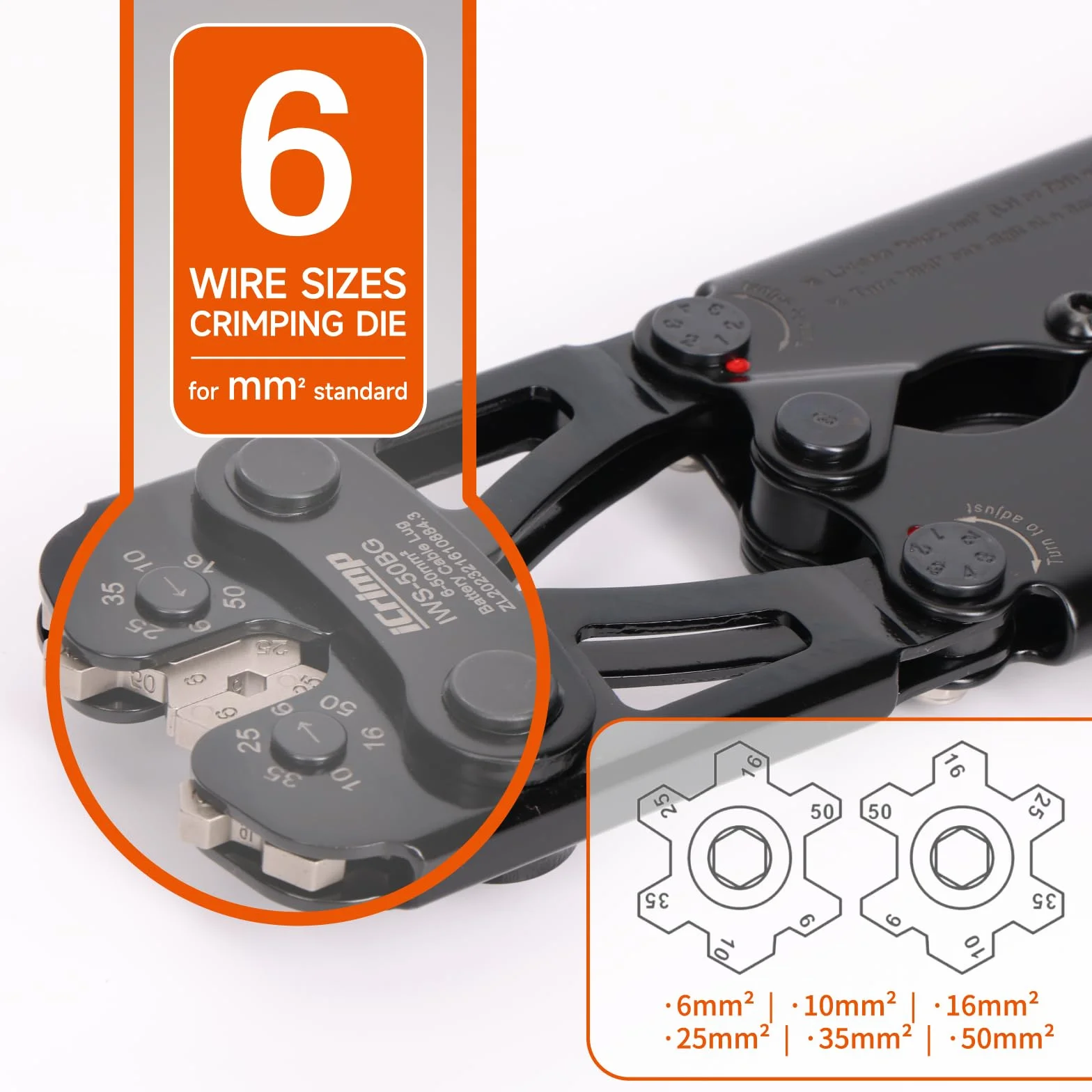 iCrimp Szczypce do zaciskania końcówek kablowych, wytrzymałe miedziane buty i płaskie wtyczki, kruszenie uziemiającego 6-50 mm², przecinak do drutu i szczypce
