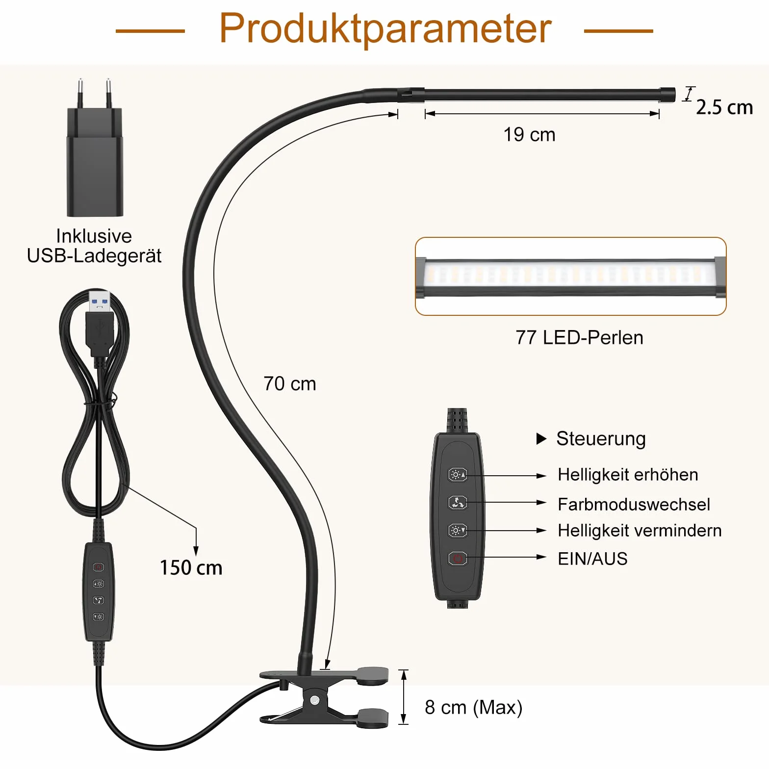 iZELL Lampa biurkowa LED 77 - ściemniana, 3 temperatury barwowe, 10 poziomów jasności, elastyczna gęsia szyja, ładowarka USB, czarny plastik