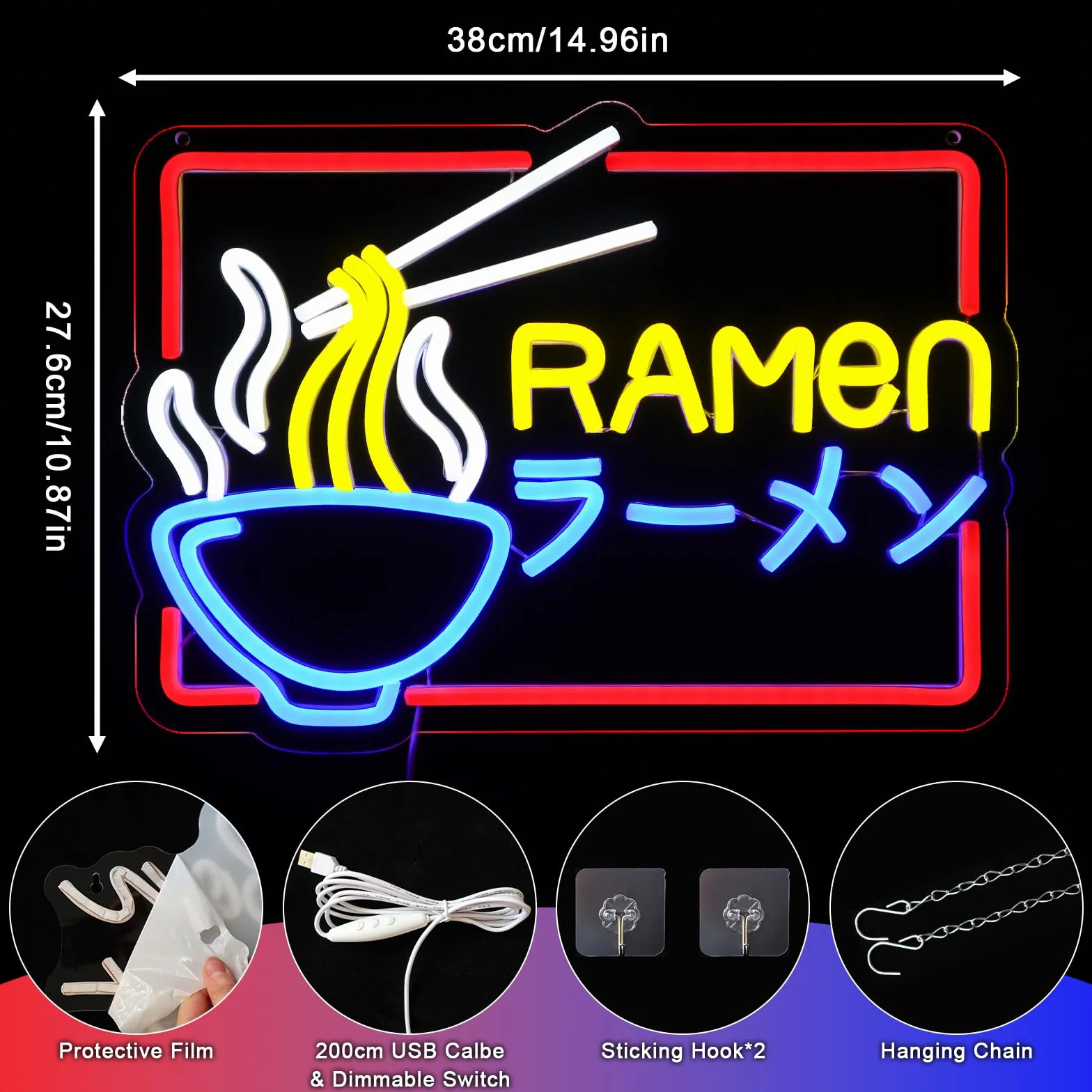 Ramen neonowy szyld kolorowy LED, neonowy szyld ścienny, neonowy makaron, tabliczka LED, do sklepu, kuchni, baru z przekąskami, salonu, jadalni, brunchu, na imprezę, do domu, sklepu, jako