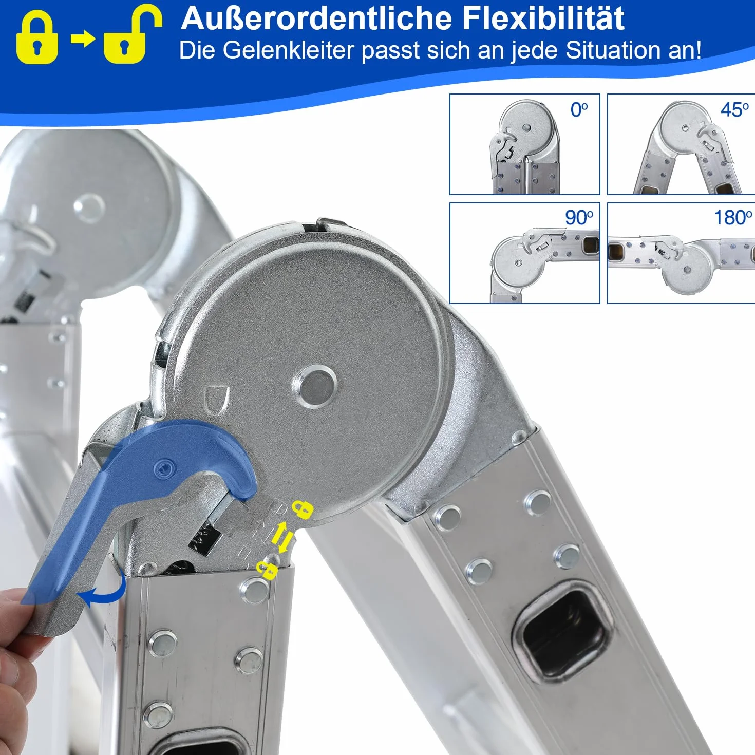 Sonnewelt Aluminiowa drabina wielofunkcyjna 6 w 1, 5,8 m, 4 x 5 stopni z platformą | 5,8 m aluminiowa drabina 6 w 1 do 150 kg, z platformą, kółkami, antypoślizgowymi nóżkami i blokadą bezpieczeństwa