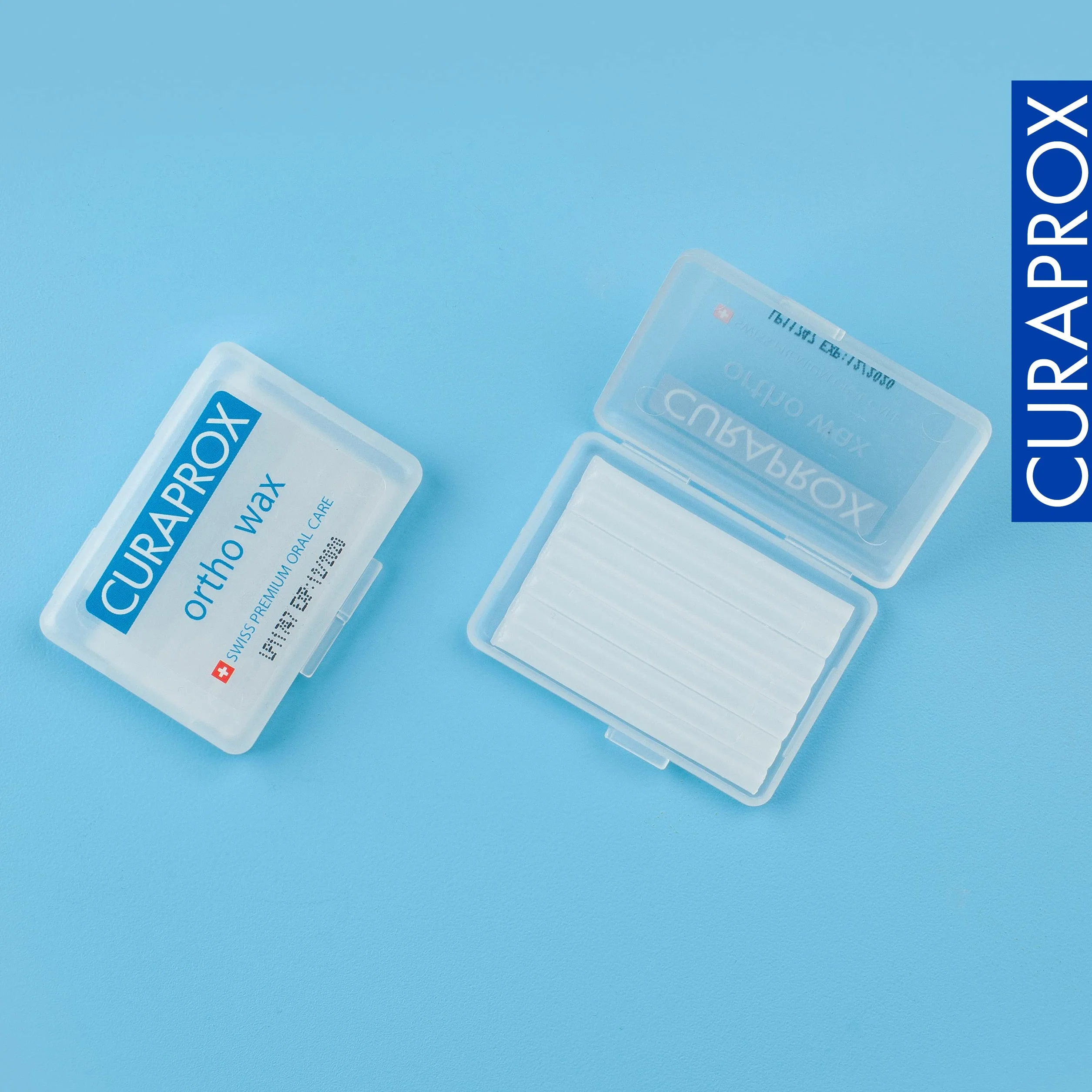 Curaprox Ortho-Wax, przezroczysty i neutralny smakowo wosk w poręcznym etui, do czyszczenia wsporników i aparatów ortodontycznych, pudełko z 7 paskami wosku