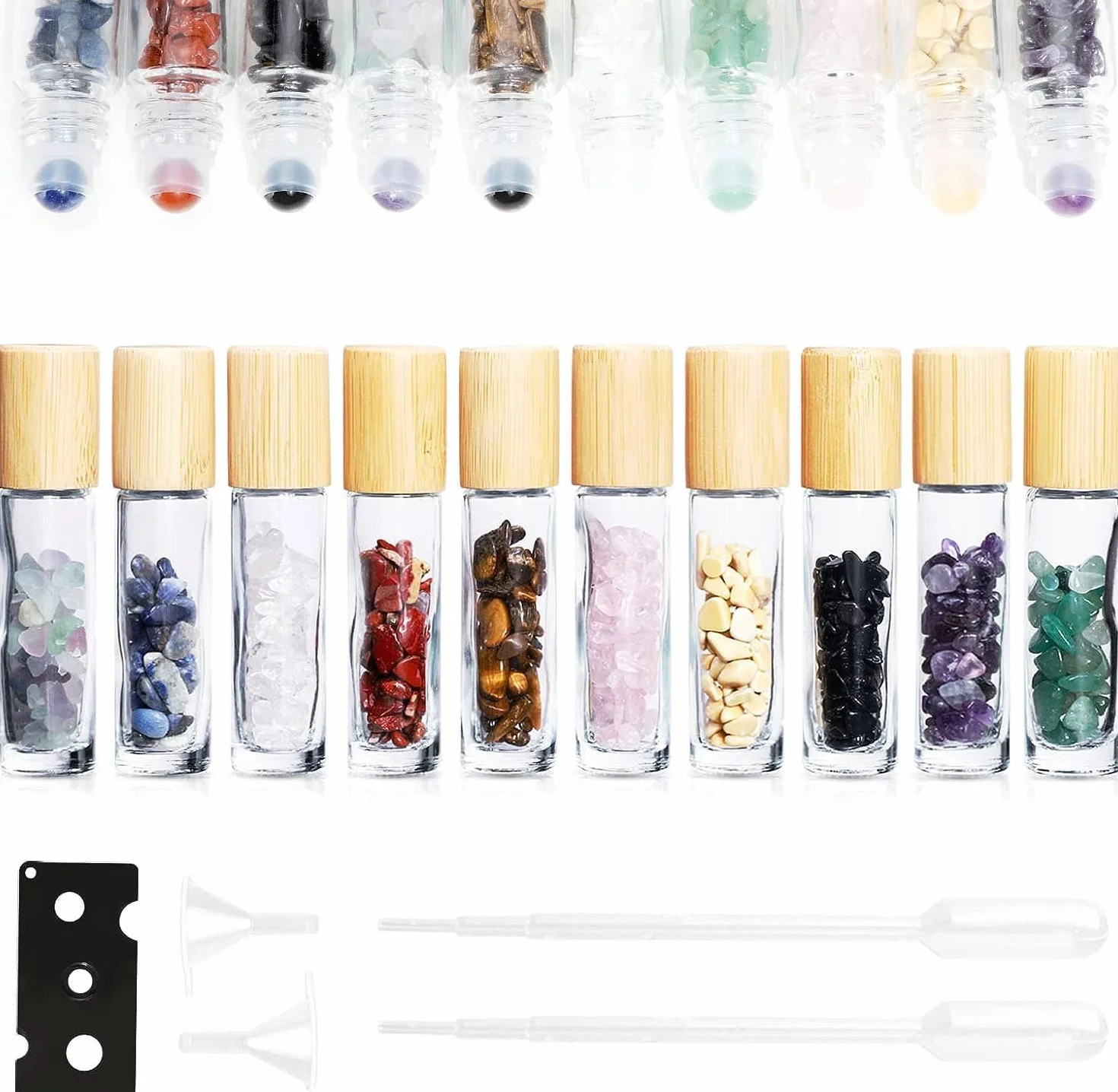 10 sztuk 10 ml butelek z kamieniami szlachetnymi, butelki na próbki z zatyczkami bambusowymi, wewnątrz kryształowe wiórki lecznicze do olejków eterycznych, perfum, aromaterapii