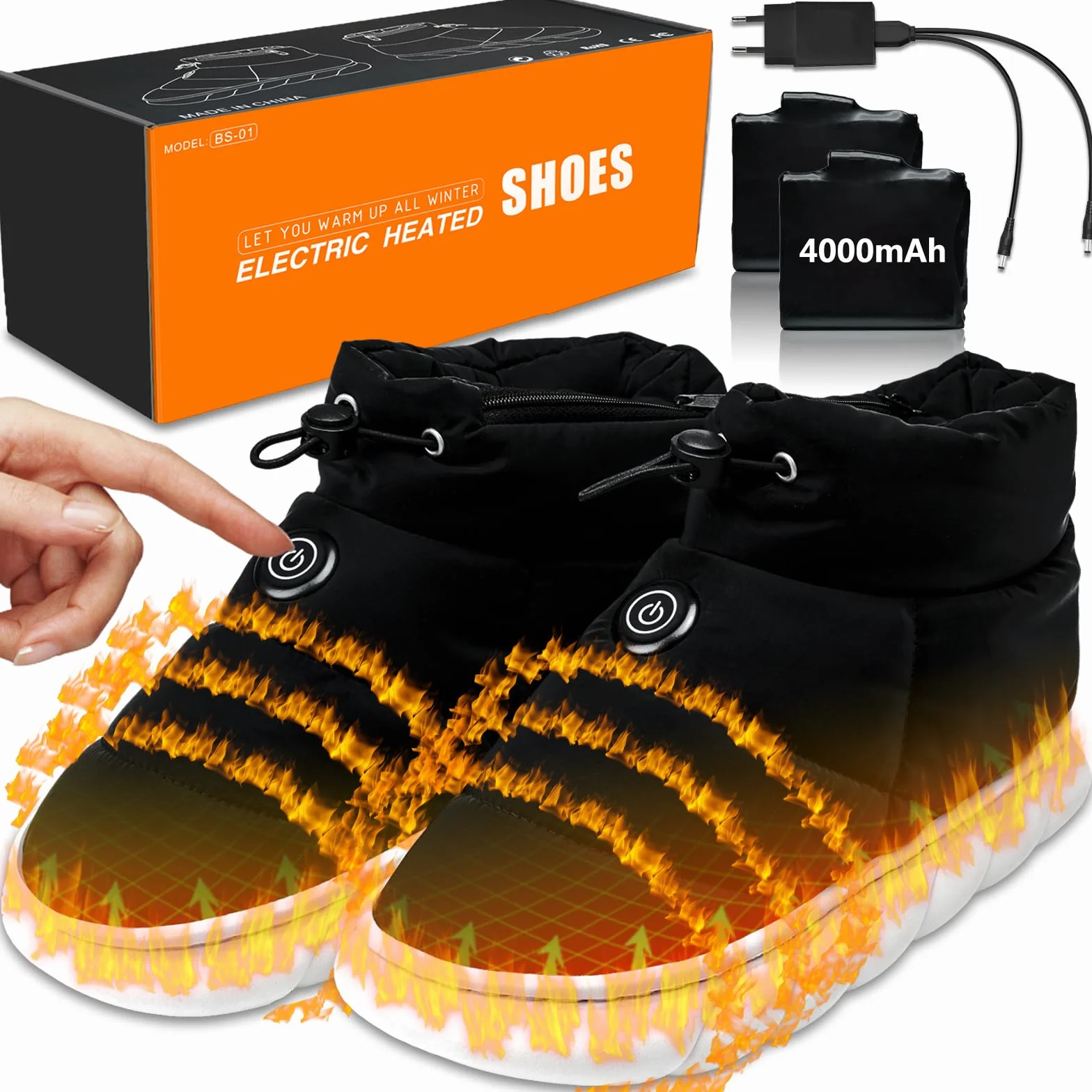 ZONSUSE Ogrzewane buty dla mężczyzn i kobiet, ogrzewane kapcie, elektryczne ogrzewacze stóp, elektryczne ciepłe buty, akumulator 3,7 V, 4000 mAh, z adapterem EU, 3 poziomy ogrzewania, na zimę, do