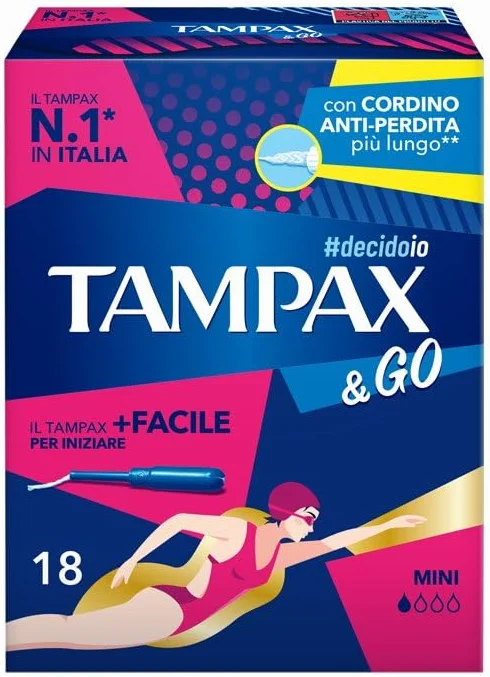 Tampax & Go Mini 18 podpasek wewnętrznych z plastikowym aplikatorem antypoślizgowym uchwytem