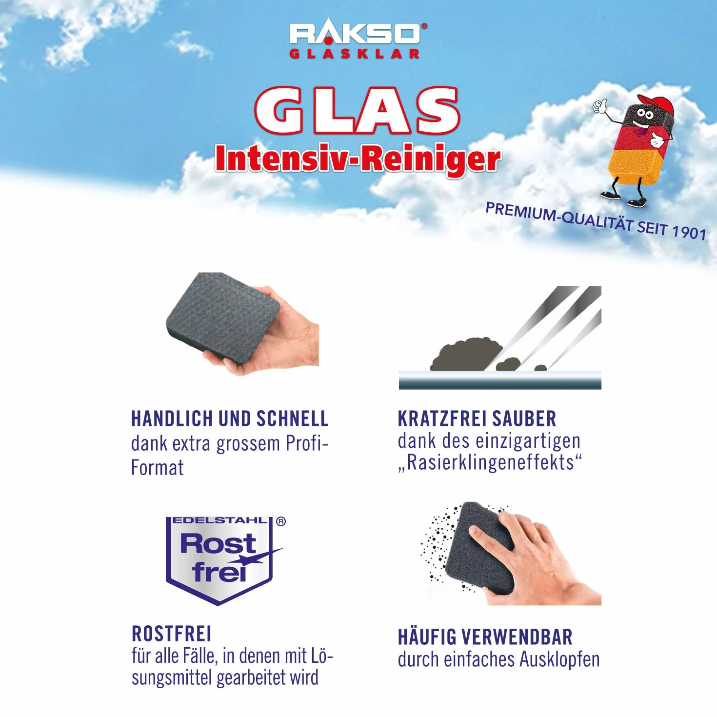 RAKSO Intensywny środek do czyszczenia szyb – 1 środek do czyszczenia szyb z wełny ze stali nierdzewnej, odporny na zarysowania, do czyszczenia szyb i płytek do czyszczenia ścian/podłóg
