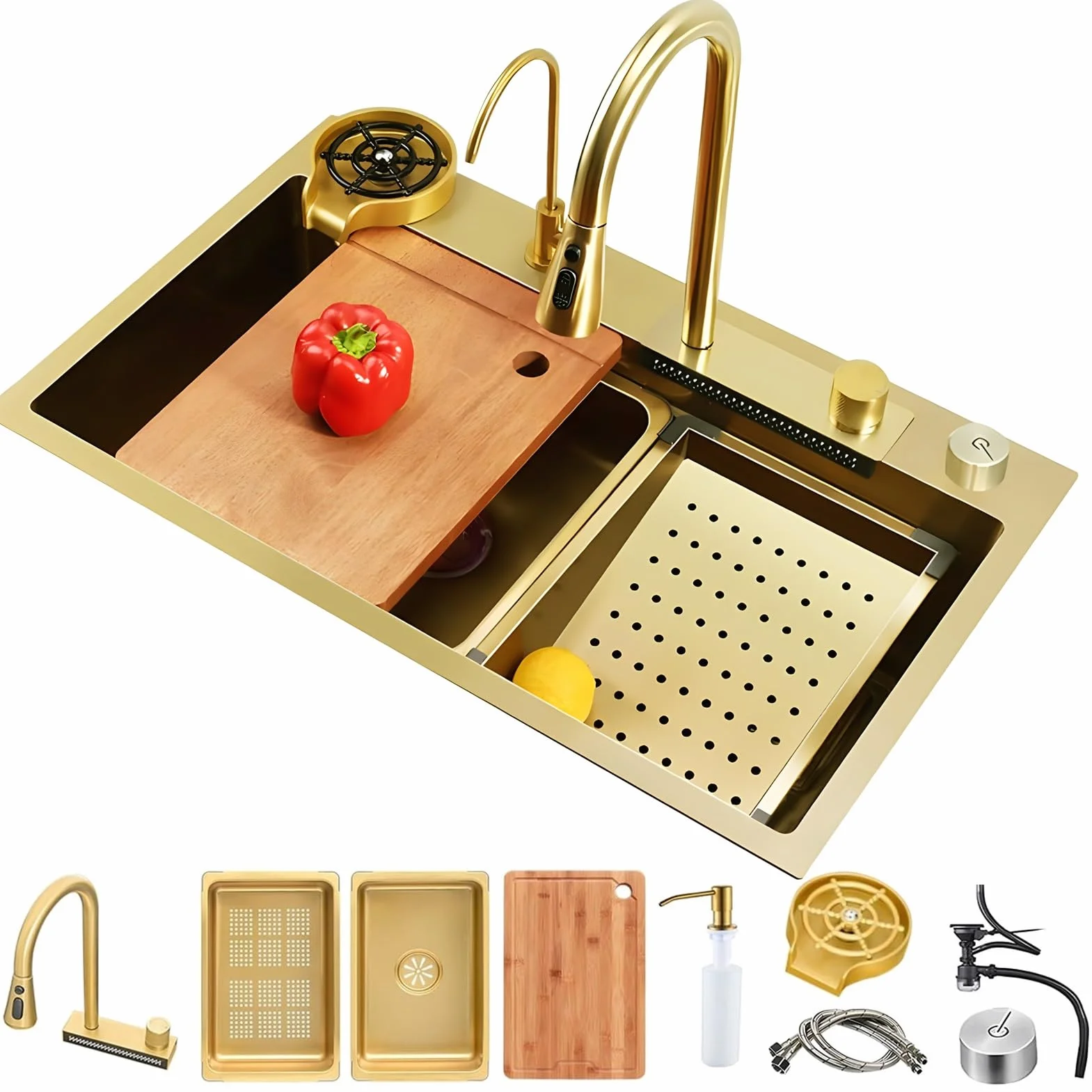 Stainless Steel Waterfall Kitchen Sink Combo With Pull-Out Faucet Nano-Coated Topmount Single Bowl Workstation Sink With Accessories, Pressure Pot Washer, Cutting Board, Draining Basket(Gold,68x45cm)