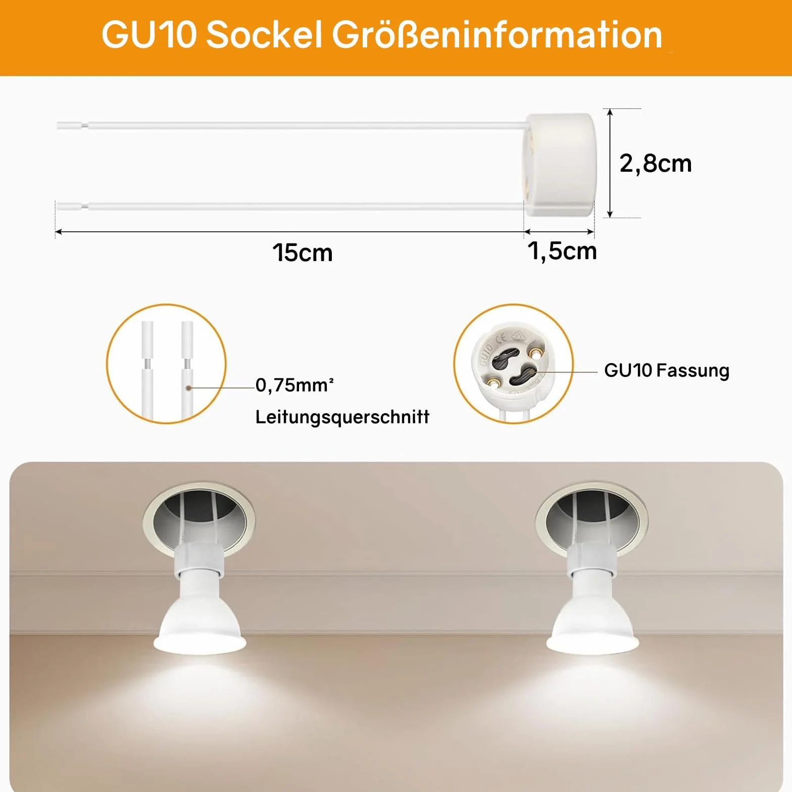 Powice Oprawka GU10, 15 cm oprawka lampy z ceramiki, 12 oprawek GU10, oprawka GU10 z kablem, VDE i CSA, ceramiczna podstawa GU10 do LED, żarówek, halogenów i lamp