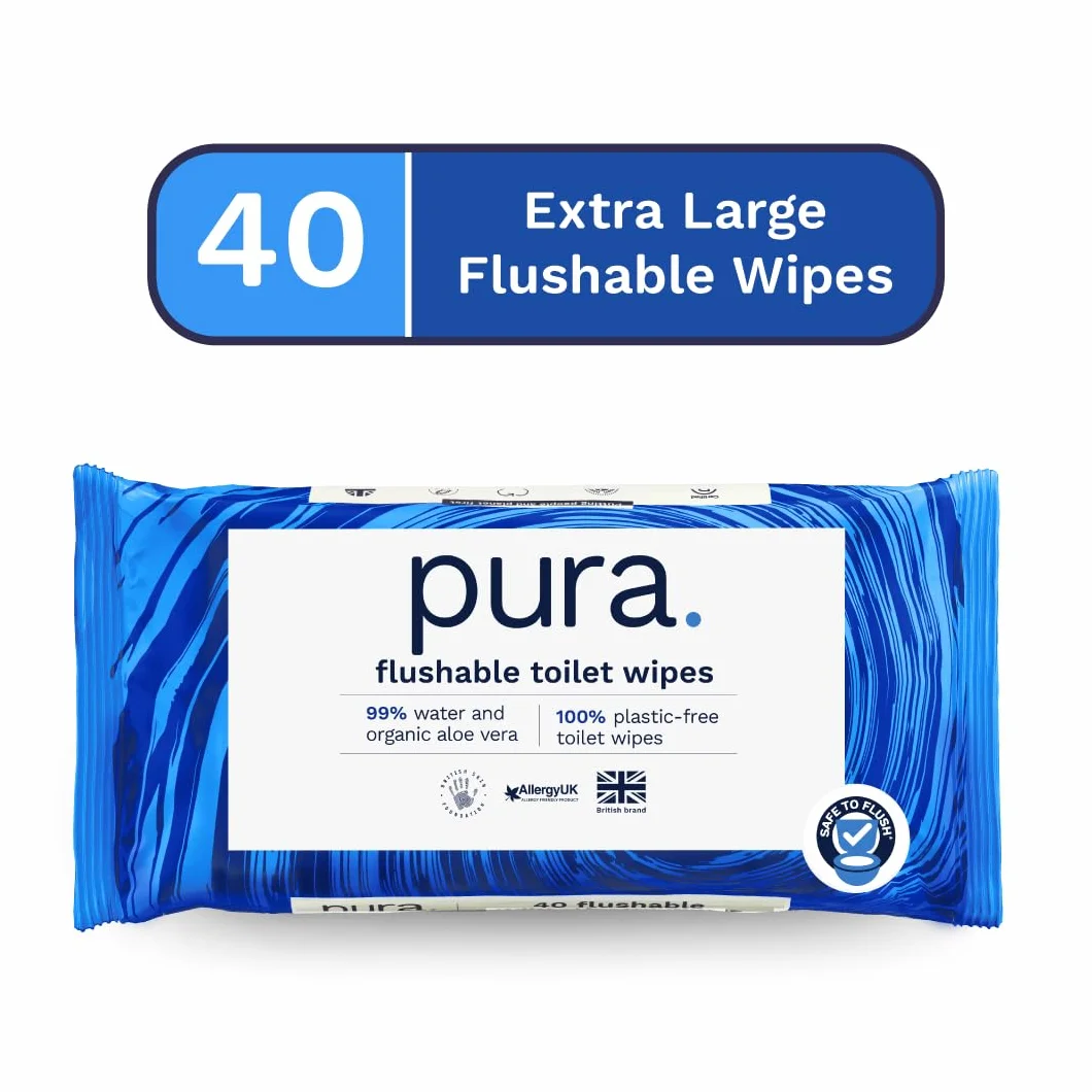 Pura Wysokiej jakości wilgotne chusteczki toaletowe do spłukiwania, 40 sztuk, czyste myjki, certyfikat "Fine To Flush", w 100% bez plastiku, biodegradowalne, nadające się do kompostowania
