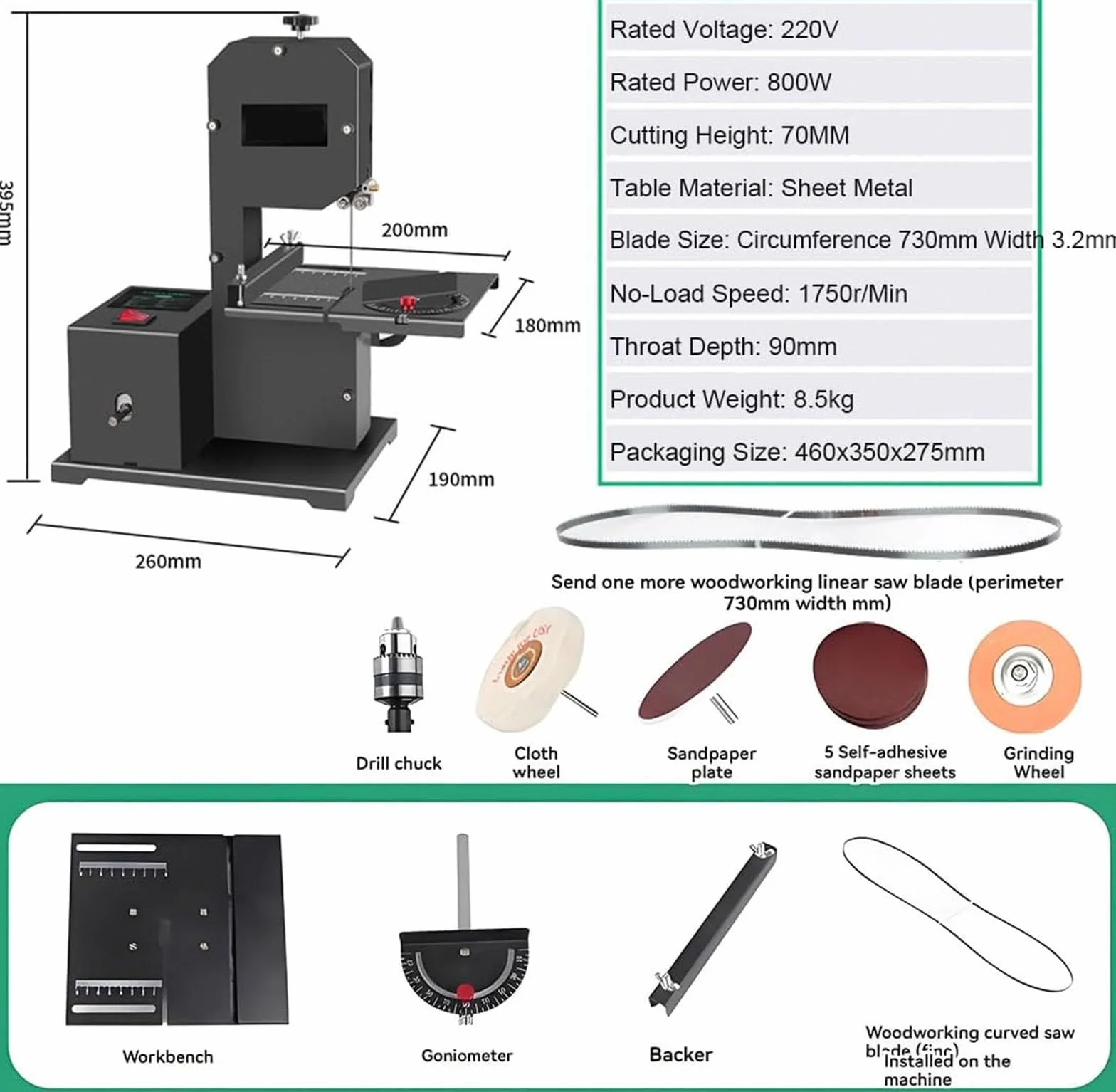 Profesjonalna taśmowa piła stołowa z odchylanym o 45° metalowym stołem roboczym,800W, głębokością cięcia 70 mm + prześwitem 90 mm, cięciami krzywoliniowymi i prostymi, 1750 obr./min
