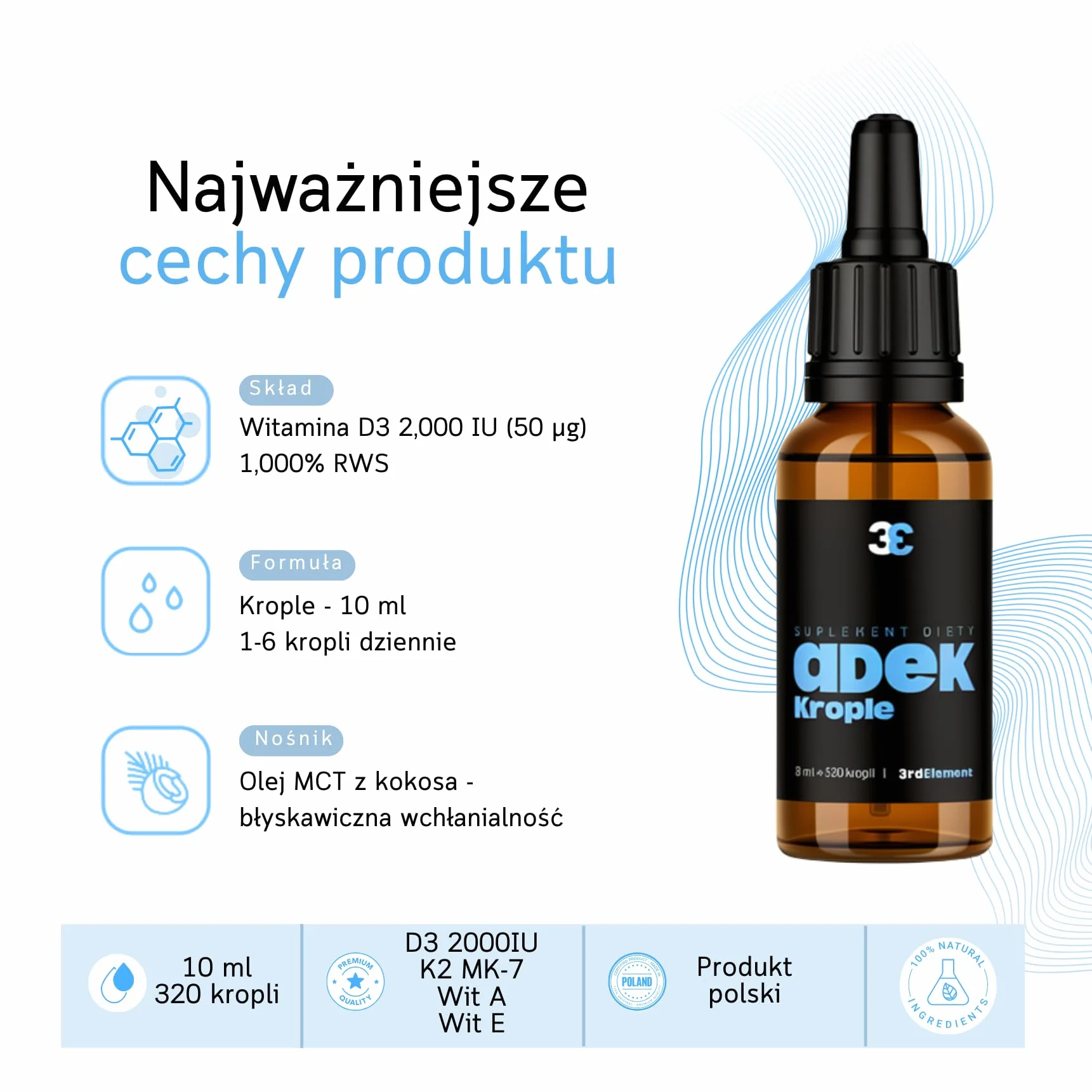 Witaminy ADEK w kroplach 10 ml Wegańska formuła Wspiera odporność wzrok skórę kości 3rd Element Nutrition