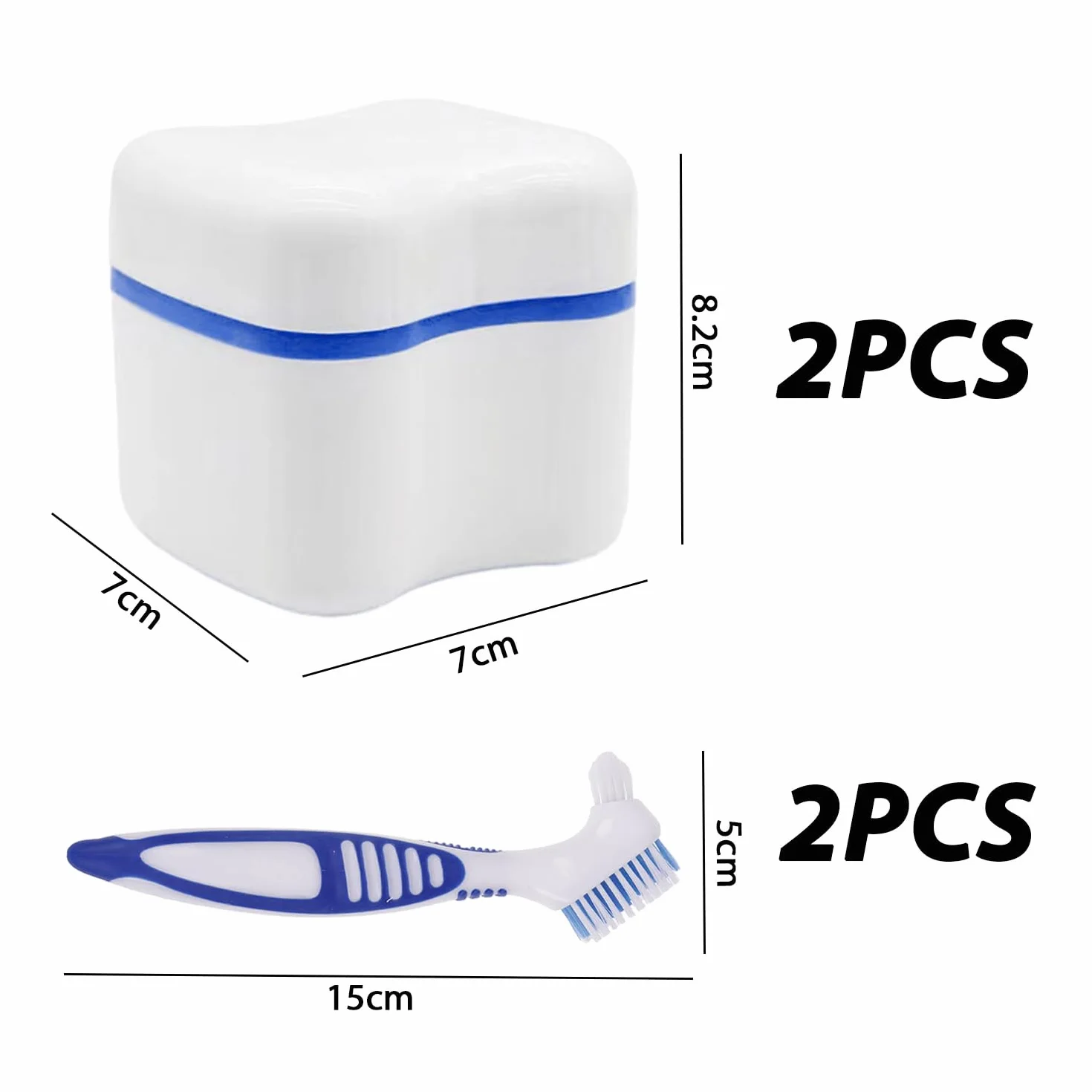 2 pojemniki do kąpieli protezy i 2 szczotki do czyszczenia protez, pudełka do przechowywania protez, uchwyt na protezy koszykowe, dwustronne szczoteczki do zębów do czyszczenia protez,