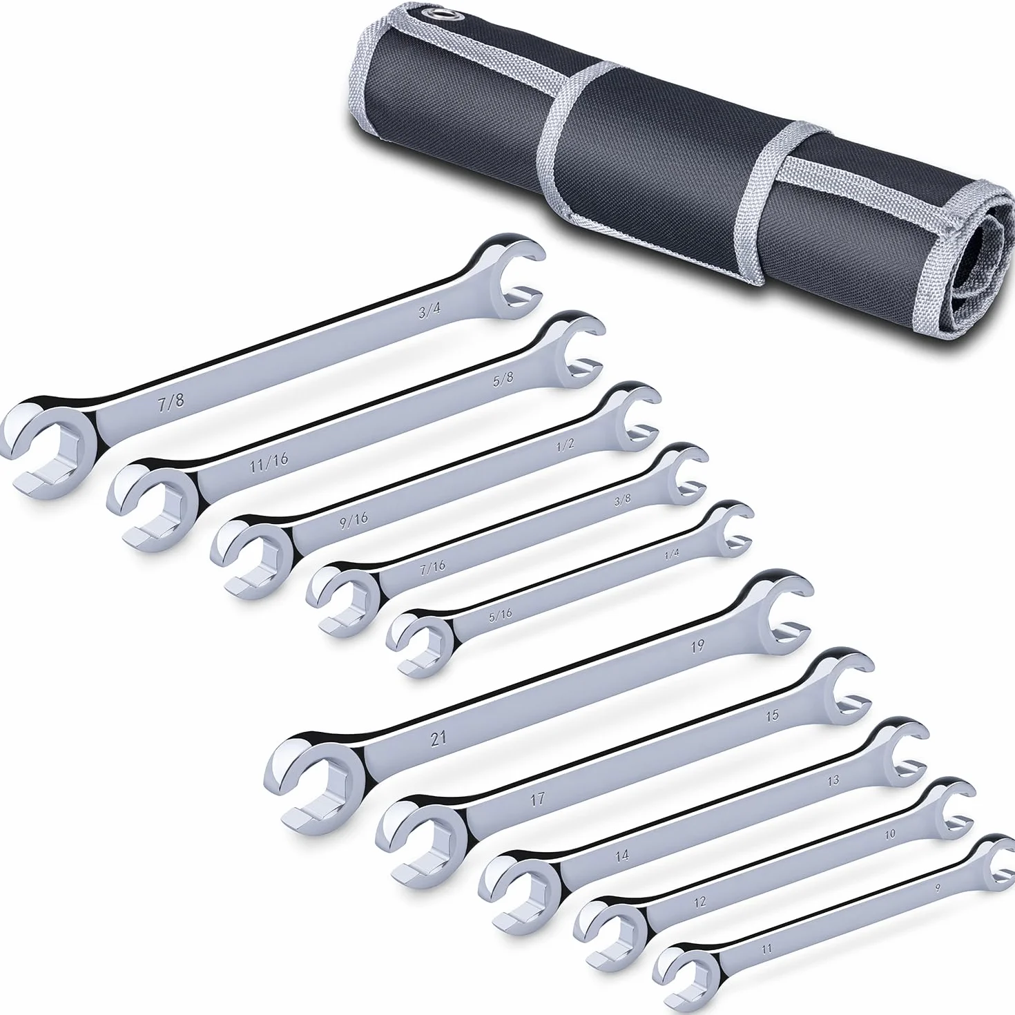 10-częściowy kompletny zestaw kluczy nasadowych metrycznych i SAE z woreczkiem, metryczne 9 mm - 21 mm, cale 1/10.2 cm - 7/20.3 cm, stal Cr-V, 6-punktowa konstrukcja z podwójną końcówką, idealny klucz
