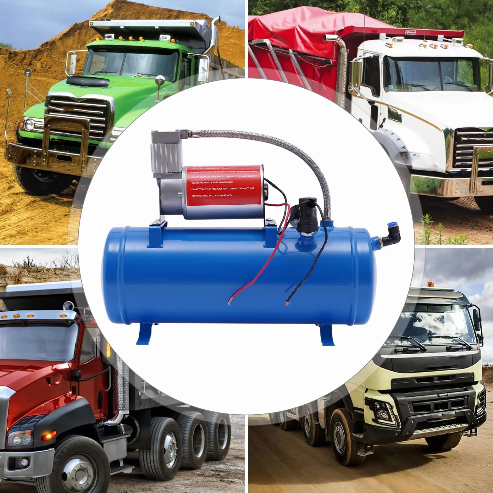 Sprężarka powietrza 12 V do samochodu, kompresor powietrza, kompresor 100 psi, ze zbiornikiem 6 l, w zestawie wąż 3,8 m, maks. 8 bar, do samochodów ciężarowych, samochodów, pompowania opon, klaksonów