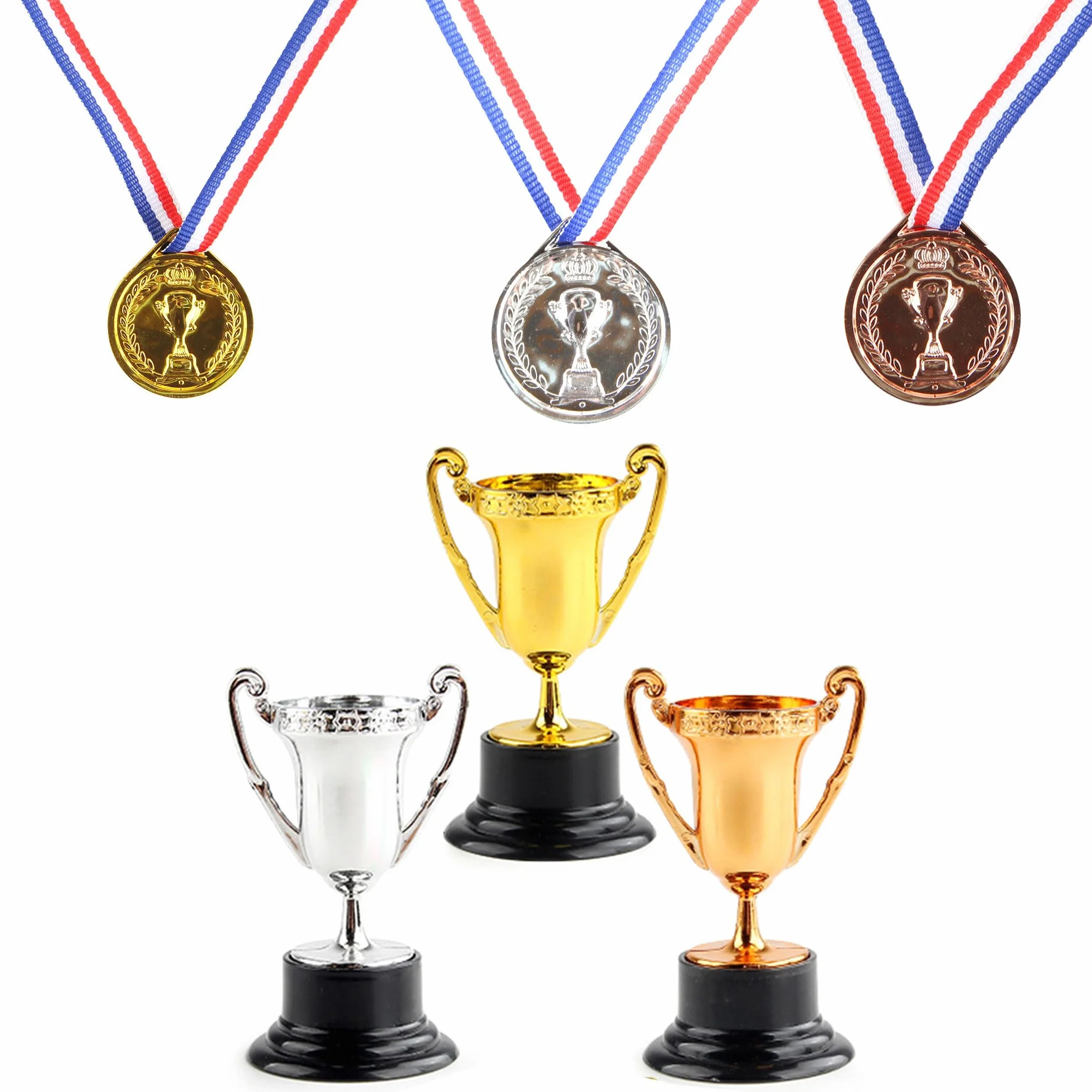 6-częściowy zestaw medali trofea złote mini trofea zwycięzca medale plastikowe trofeum mini złote trofea odpowiednie na przyjęcia urodzinowe, imprezy sportowe do szkoły