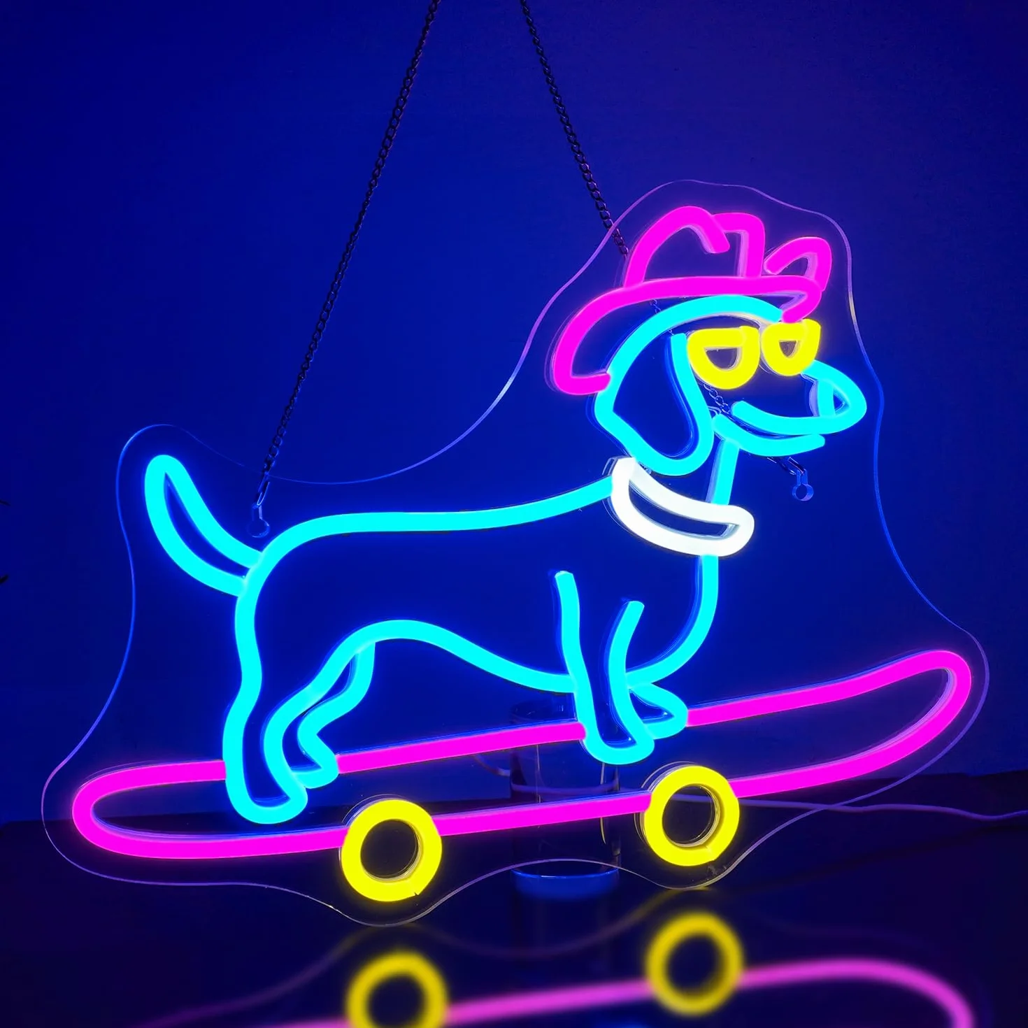 Looklight Neonowy znak dla psa na deskorolce, jamnik, kolorowe znaki LED z przełącznikiem ściemniania, uroczy szczeniak w kowbojskim kapeluszu, neonowe znaki świetlne do sypialni, sklepu zoologicznego