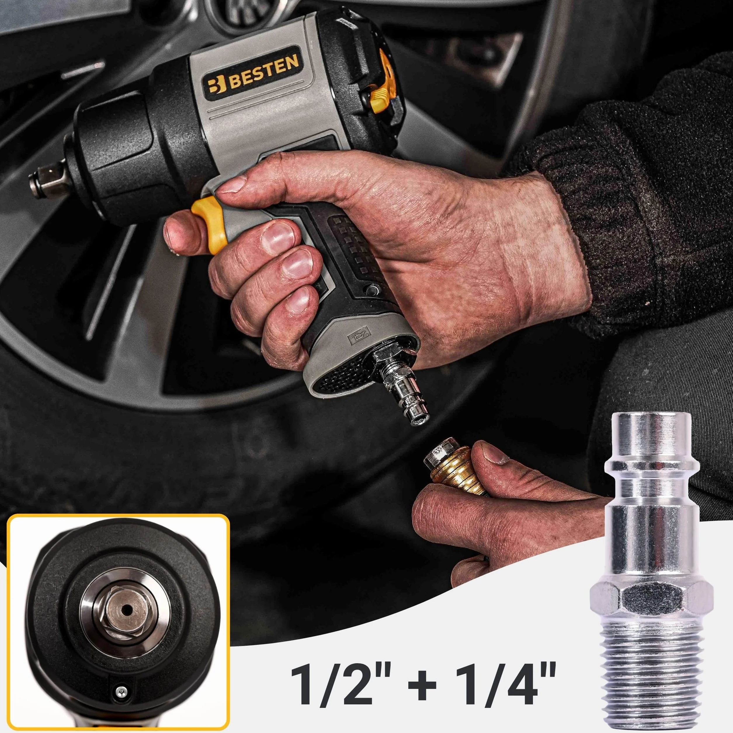 Klucz udarowy pneumatyczny 1650 Nm • Twin Hammer • Quick Switch 3 biegi • 1/2″ napęd • 8000 obr./min • 114 l/min • 2 kg • Profesjonalny klucz BESTEN BE0002884