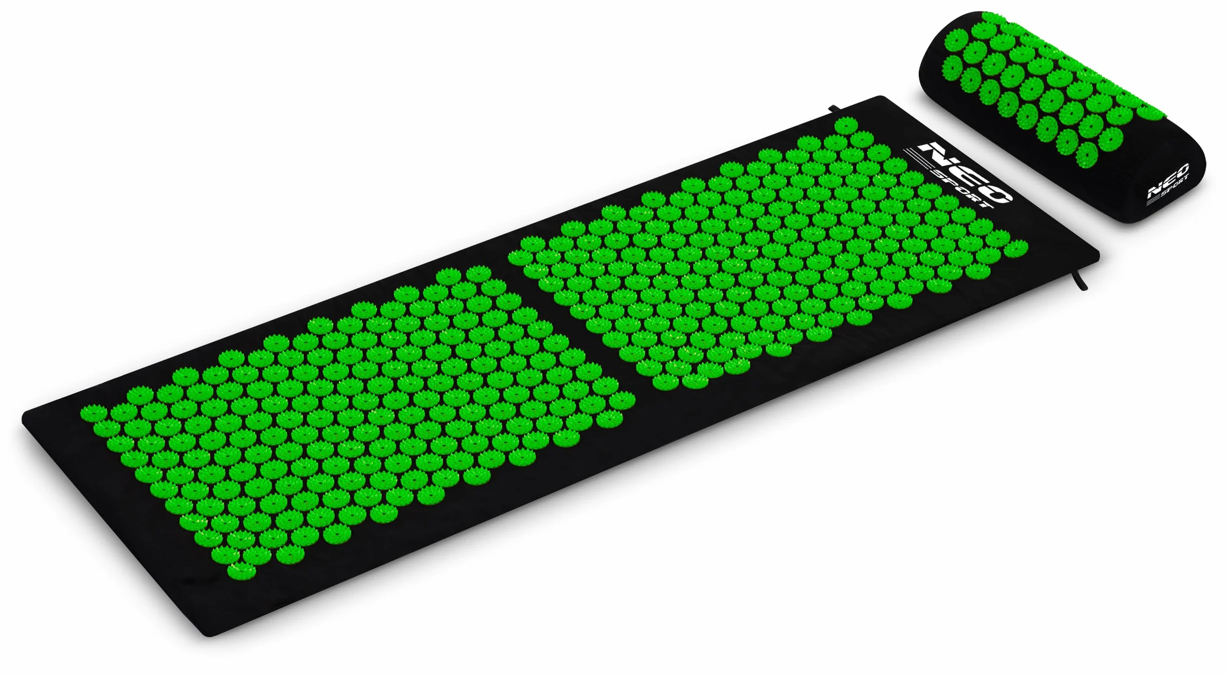 Neo-Sport - Mata do akupresury z poduszką i torbą do przenoszenia - zestaw - 125 x 46 cm - zdejmowana poszewka z bawełny - mata kolczasta do masażu całego ciała, akupunktura - czarna i zielona