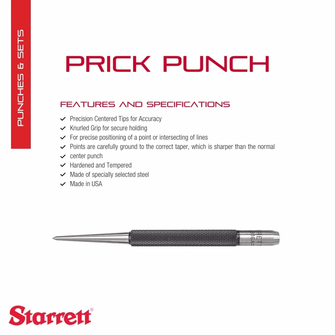 Starrett 816A dziurkacz, 10 cm długości, 10 cm stożkowa średnica punktu