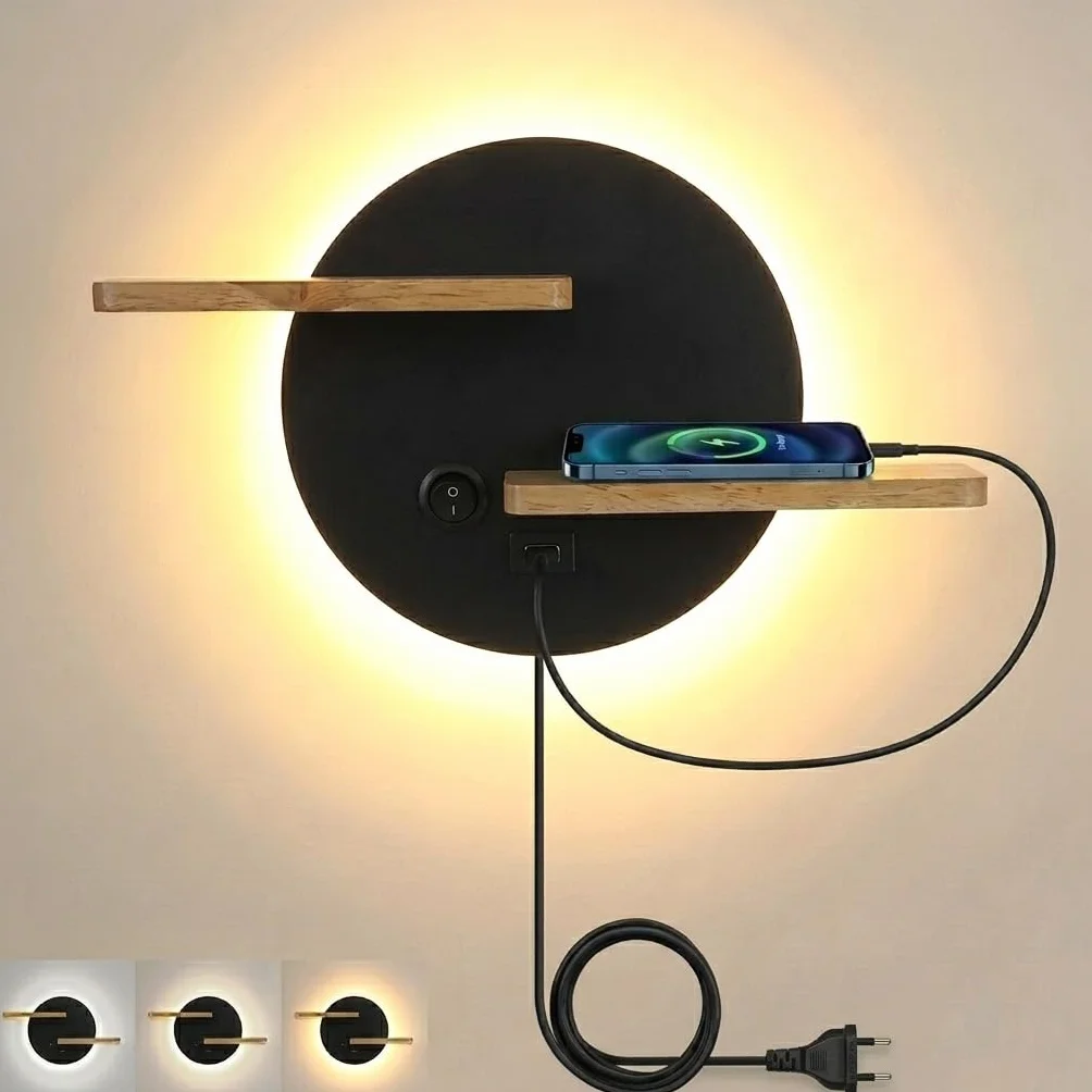 Kinkiety wewnętrzne LED z włącznikiem i przyłączem USB do ładowania, lampka nocna, 3 kolory, regulowana lampka do czytania dla dzieci, z drewnianym regałem, oświetlenie ścienne do salonu, sypialni