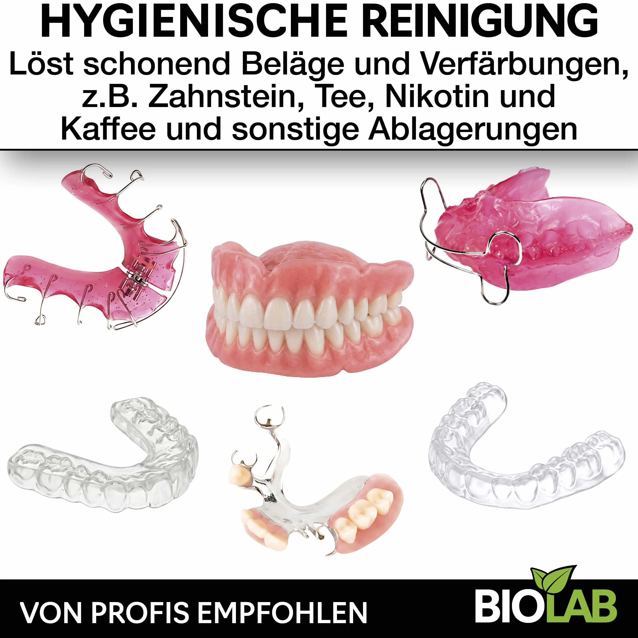BIOLAB Koncentrat do czyszczenia ultradźwięków dentystycznych (750 ml) do czyszczenia protez, szyn dentystycznych i aparatów ortodontycznych – płyn do ultradźwiękowego urządzenia czyszczącego