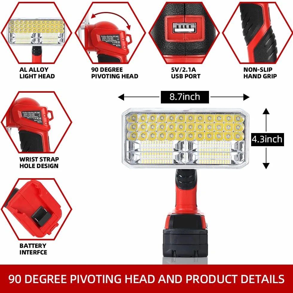 Bezprzewodowa lampa robocza 40 W do akumulatorów litowo-jonowych Milwaukee 18 V, reflektor roboczy LED z portem USB, 4200 lm stop aluminium, super jasne oświetlenie robocze w miejscu pracy, do użytku