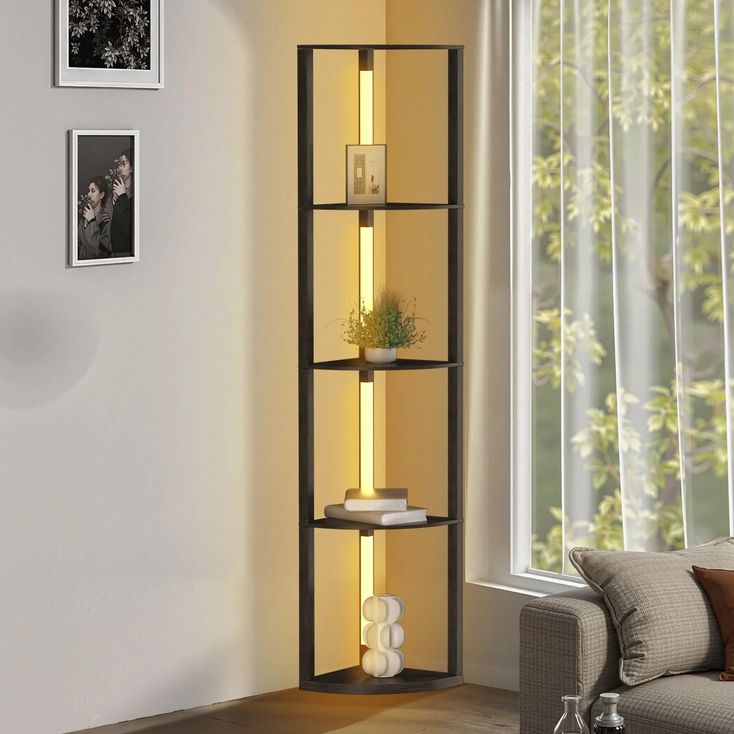 Lampa stojąca obracana o 360° z regałem na książki z diodami LED, witryna narożna, lampa stojąca, 3 temperatury barwowe z RGB, zabezpieczenie przed przewróceniem, przełącznik nożny i pilot