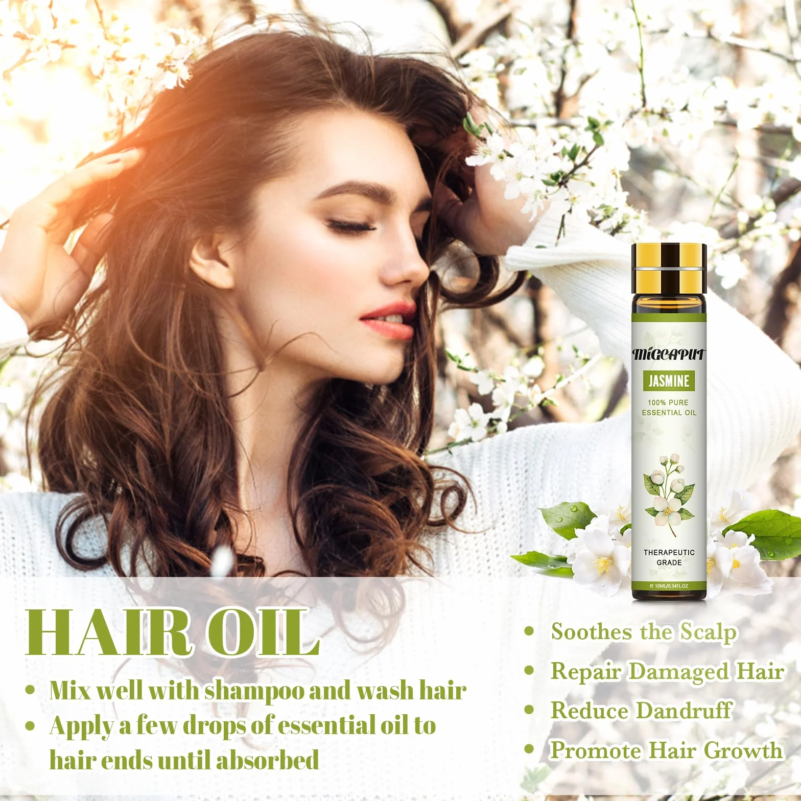 MIGCAPUT Zestaw Olejków Eterycznych Jaśminowy 2 x 10ML, 100% Naturalne Olejki Eteryczne do Aromaterapii, Olejek Jaśminowy Klasy Terapeutycznej do Dyfuzora Nawilżacza, SPA, Masażu, Snu, Mydła