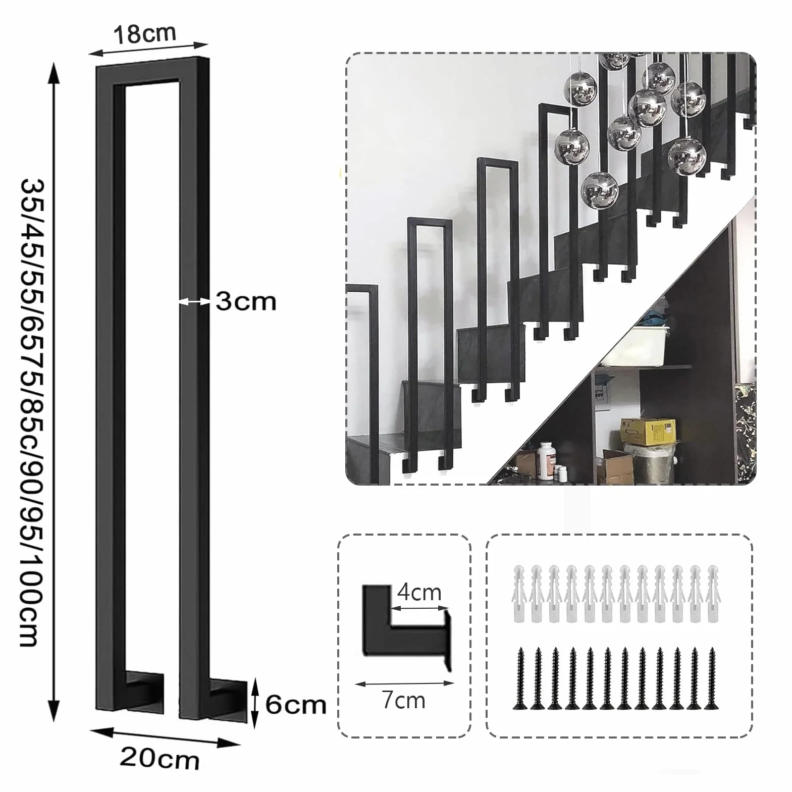 Poręcz do schodów wewnętrzne, Balustrady schodowe w kształcie U, metalowa poręcz schodowa z zestawem śrub, balustrady schodowe na strych, werandę, korytarze (Czarno-boczny montaż, 85cm)